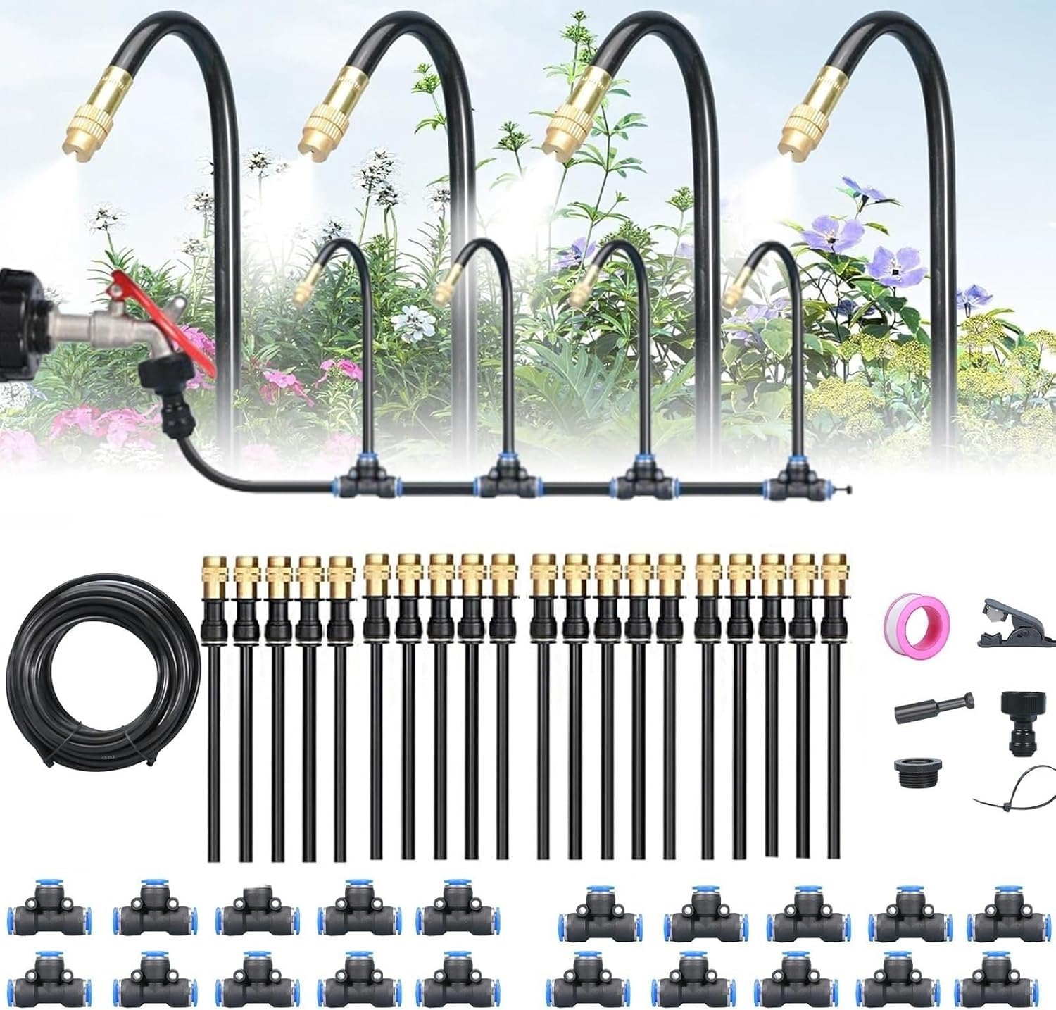 Zestaw Do Ulepszonego Systemu Nawadniania Z Szybkozłączką - Automatyczne Nawadnianie Ogrodu Metodą Push-to-fit Z Rurką Kroplującą(65.6Ft Set (65.6Ft hose+20 Nozzles))