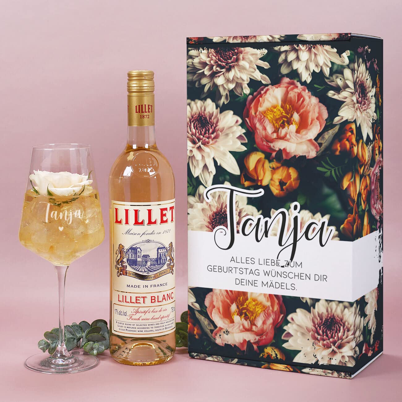 Herz & Heim® Lillet Geschenkset personalisierte Geschenkidee für die Frau mit Vintage Blumenmotiv, Geschenk für Frauen, Geschenke beste Freundin (Lillet Blanc)