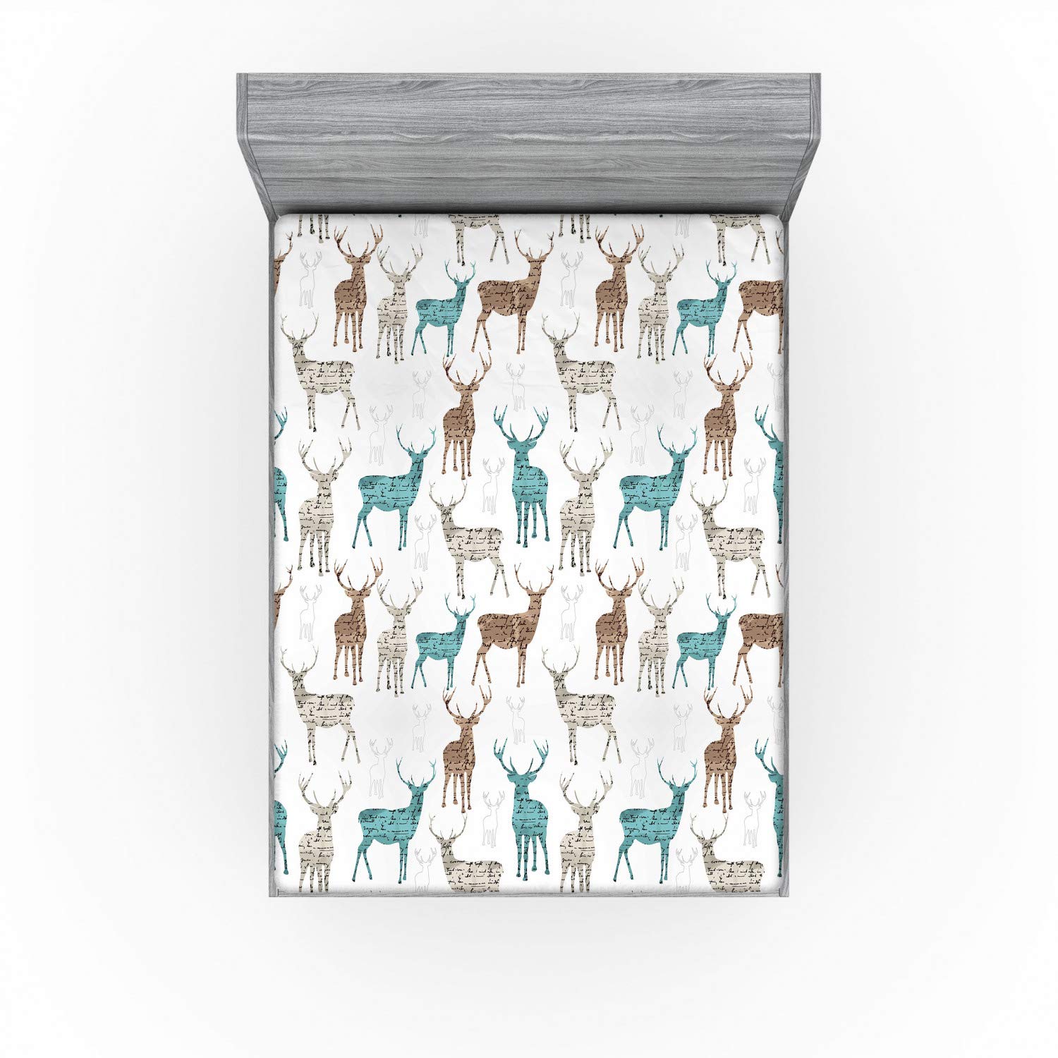 Ambesonne Deer Fitted Sheet, Animals with Old Text Pattern Christmas Theme Vintage Inspired Illustration, Bed Cover with All-Round Elastic Pocket for Comfort, California King, Turquoise Beige