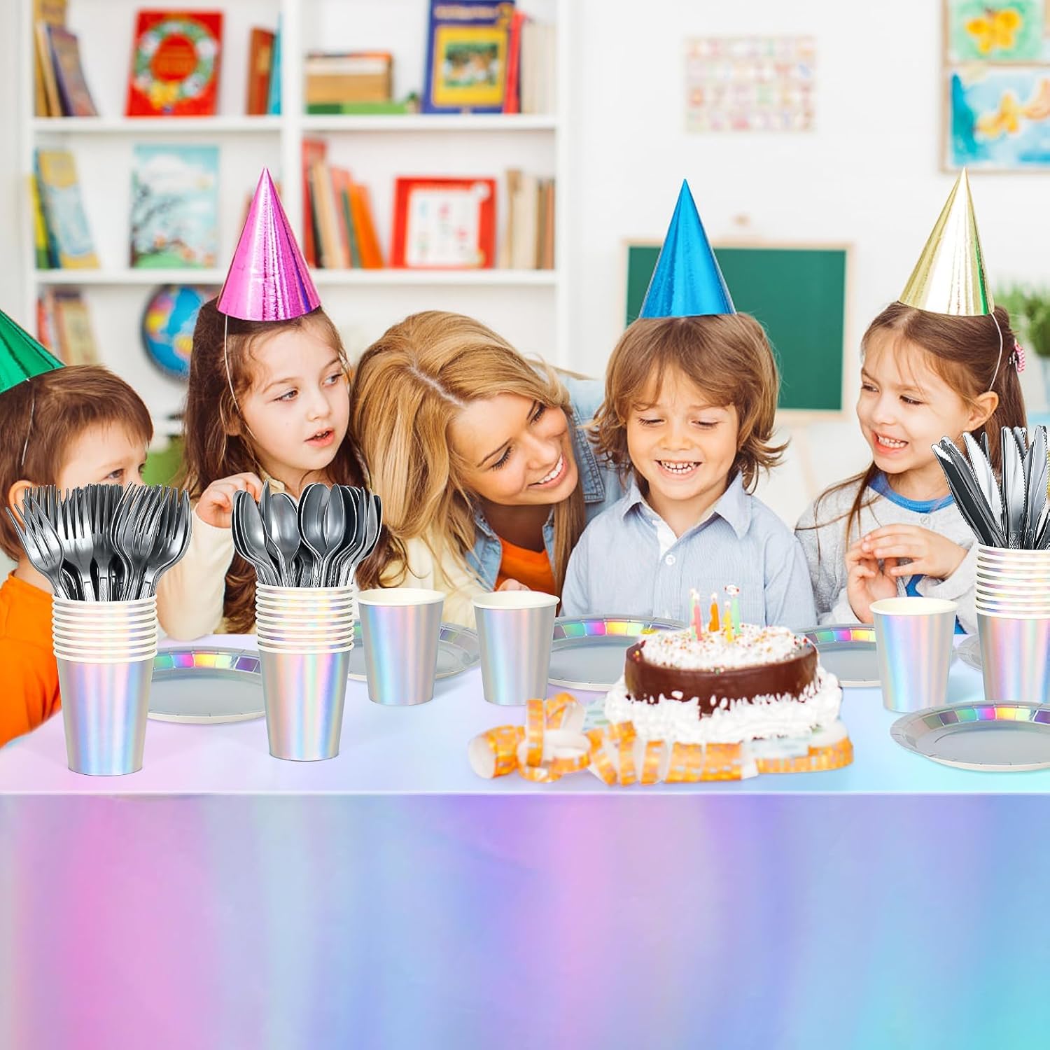 Iridescent Party Supplies Decorations,132 Pcs Disposable Iridescent Paper Party Plates Cups Knives Spoons Fork for Birthday Wedding Outdoor Picnic,Disposable Plastic Tablecloths for Dinner,Holiday - Image 4