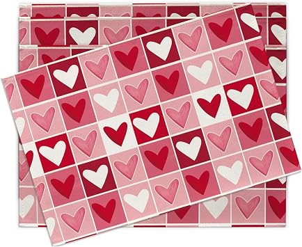 Valentines Day Placemats Set of 4, Red Pink White Love Heart Buffalo Plaid Check Dining Place Mats Table Decor, Anniversary Wedding Home Kitchen Decoration 12 x 18 Inches