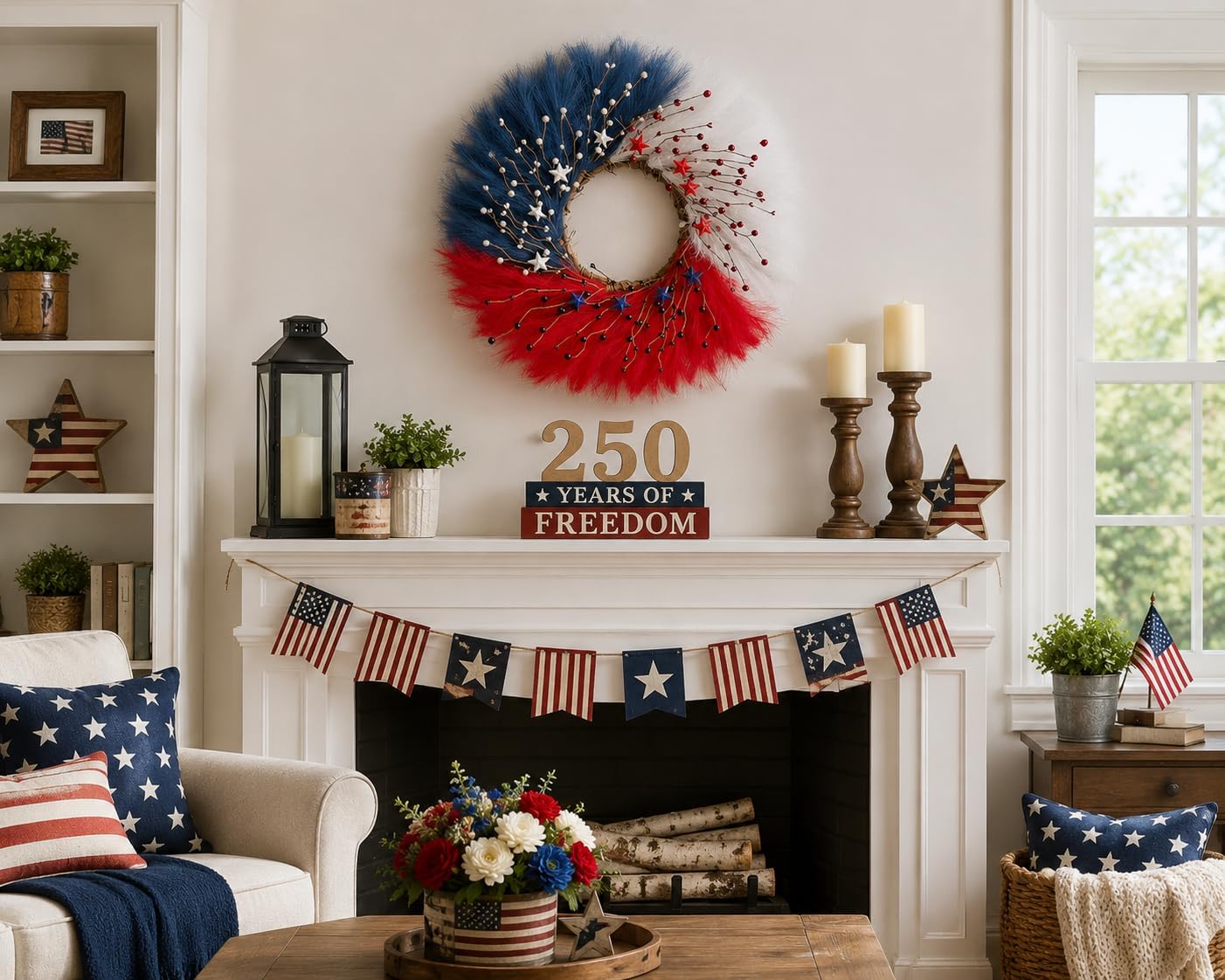 TEMPUS 30 Inch Patriotic Wreath for Front Door, Artificial Pampas Grass Reeds Wreath with Red White Blue Berries and Metal Stars, 4th of July Memorial Day Decor