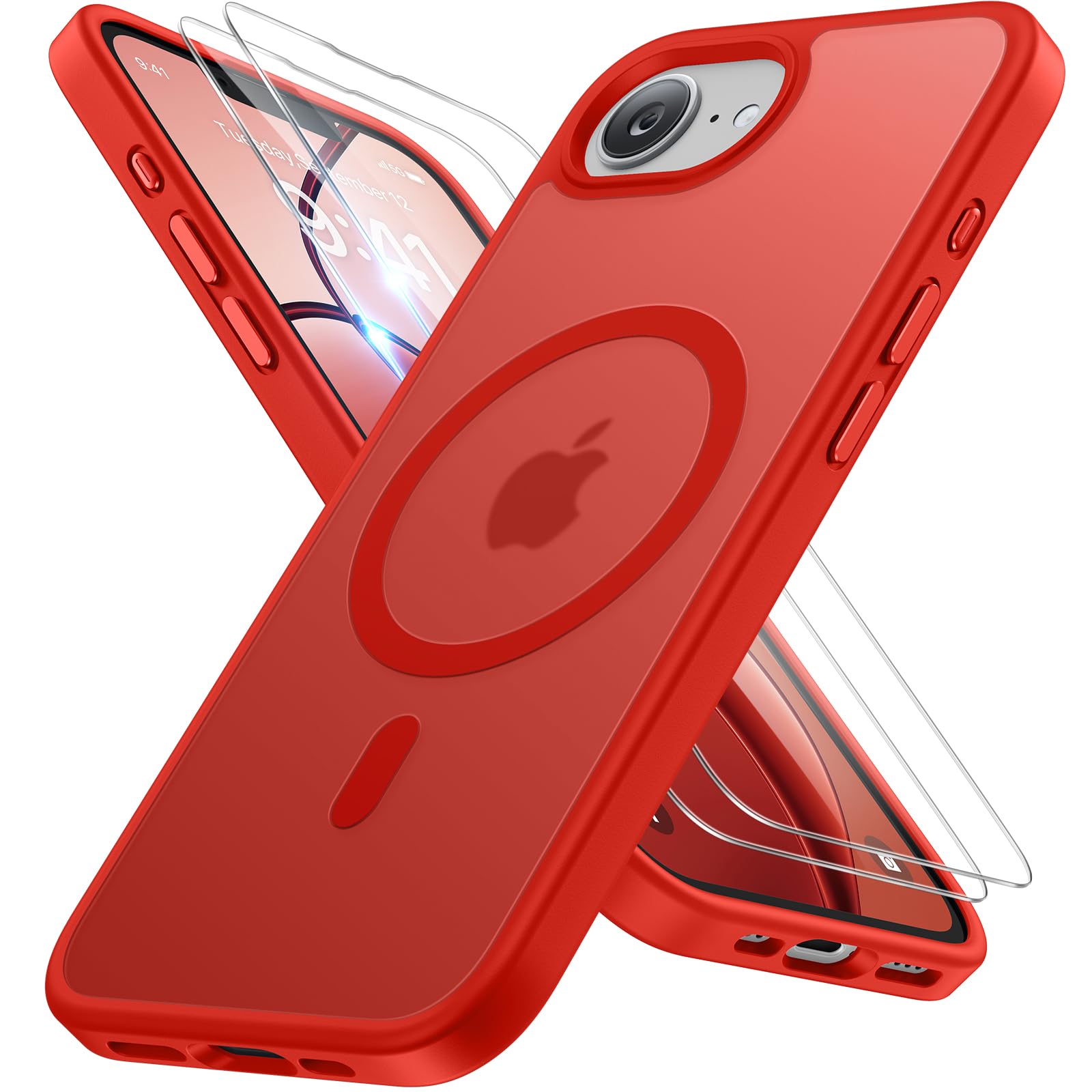 Miracase for iPhone 16e case &amp; iPhone 17e Case for MagSafe [with 2×9H+ Screen Protectors] TOP Military-Grade Protection Shockproof with Velvet Touch for iPhone 16e/17e Phone Case 6.1", Red