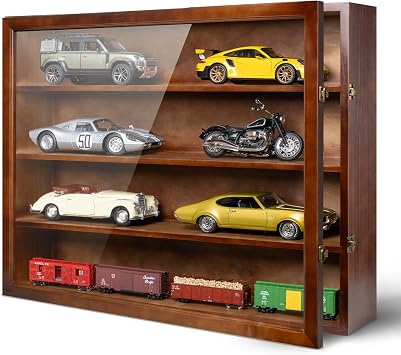1/18 Scale Diecast Display Case - Wall Mount Clear Model Car Display Case Model Cars Storage Cabinet Rack with Acrylic Door Cherry, 8 Cars