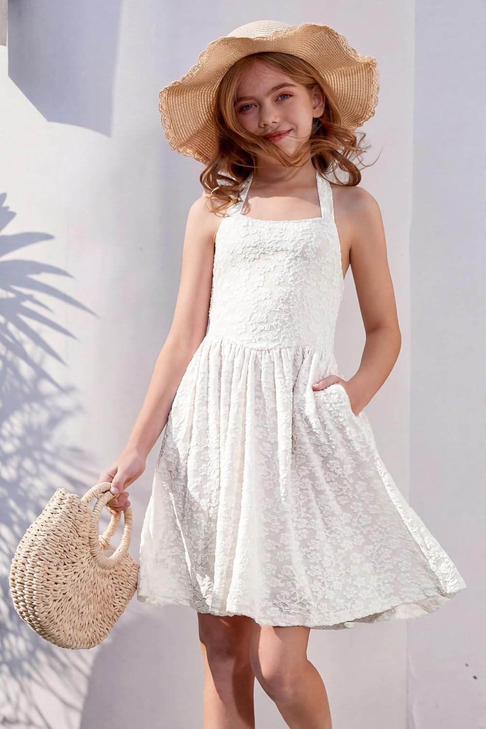 HOZIY Girls Dresses Floral Halter Tie Back Short Dress Juniors Summer A-Line Flowy Backless Sundress 5-16 Years