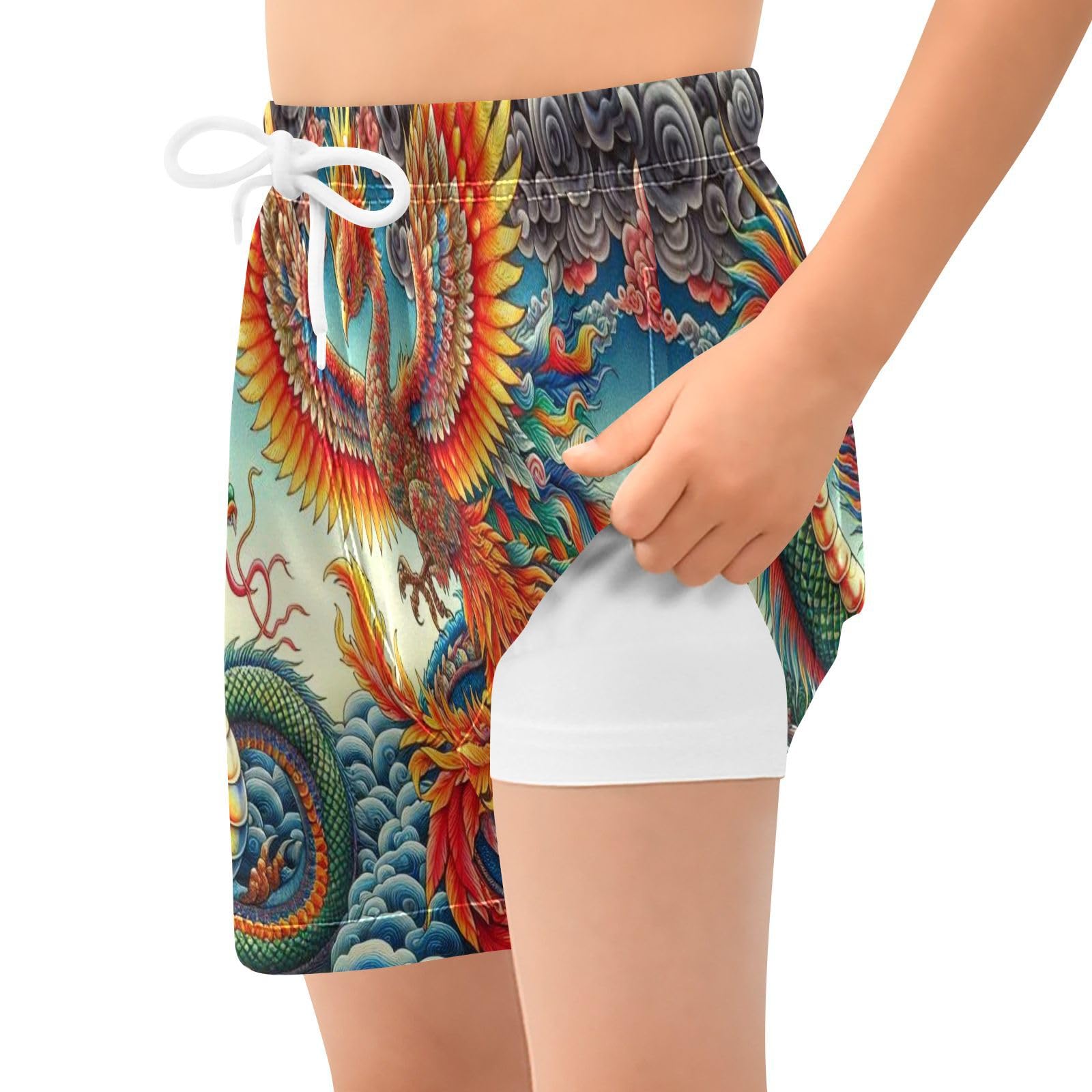 YANENDIE Boy Swim Trunks with Compression Liner Dragon and Phoenix Boys Swim Shorts Quick Dry Beach Shorts