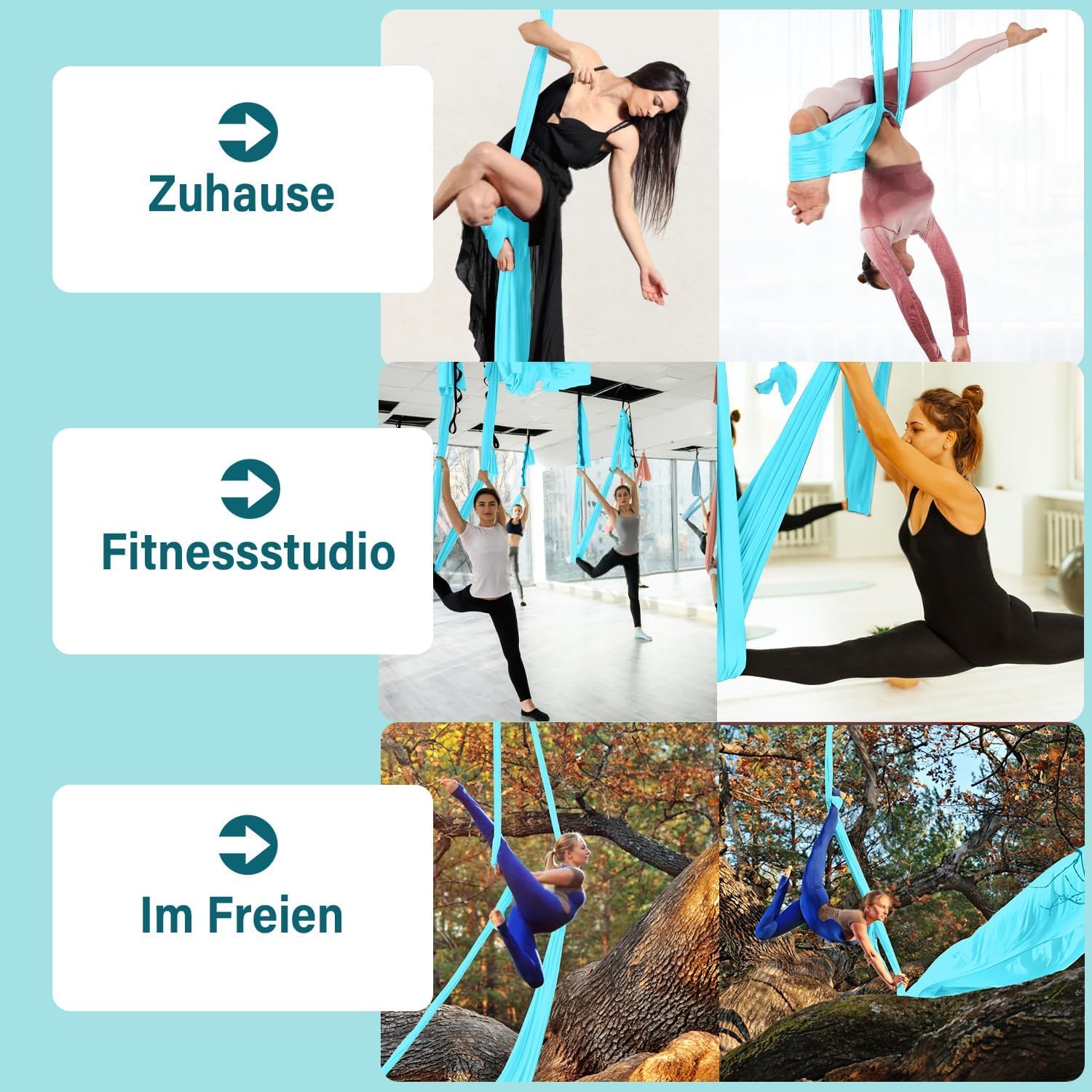 Toalla de yoga profesional – 500 x 200 cm, paño transpirable para yoga en el aire, yoga, swing de yoga, antideslizante, alta capacidad de carga (hasta 300 kg), incluye mosquetón y bolsa de
