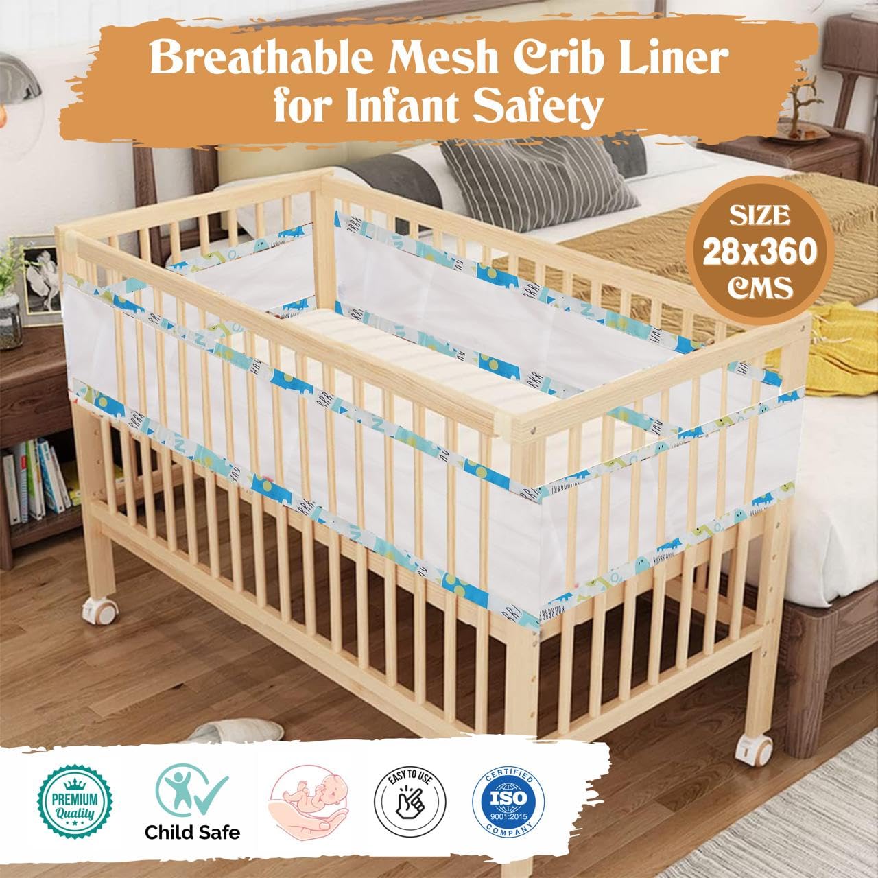 Gordon Home Breathable Mesh Crib Liner Best for Your Baby Safety Fits Full Four Sides of Crib Bed 28 X 360 Cms (Esquire)