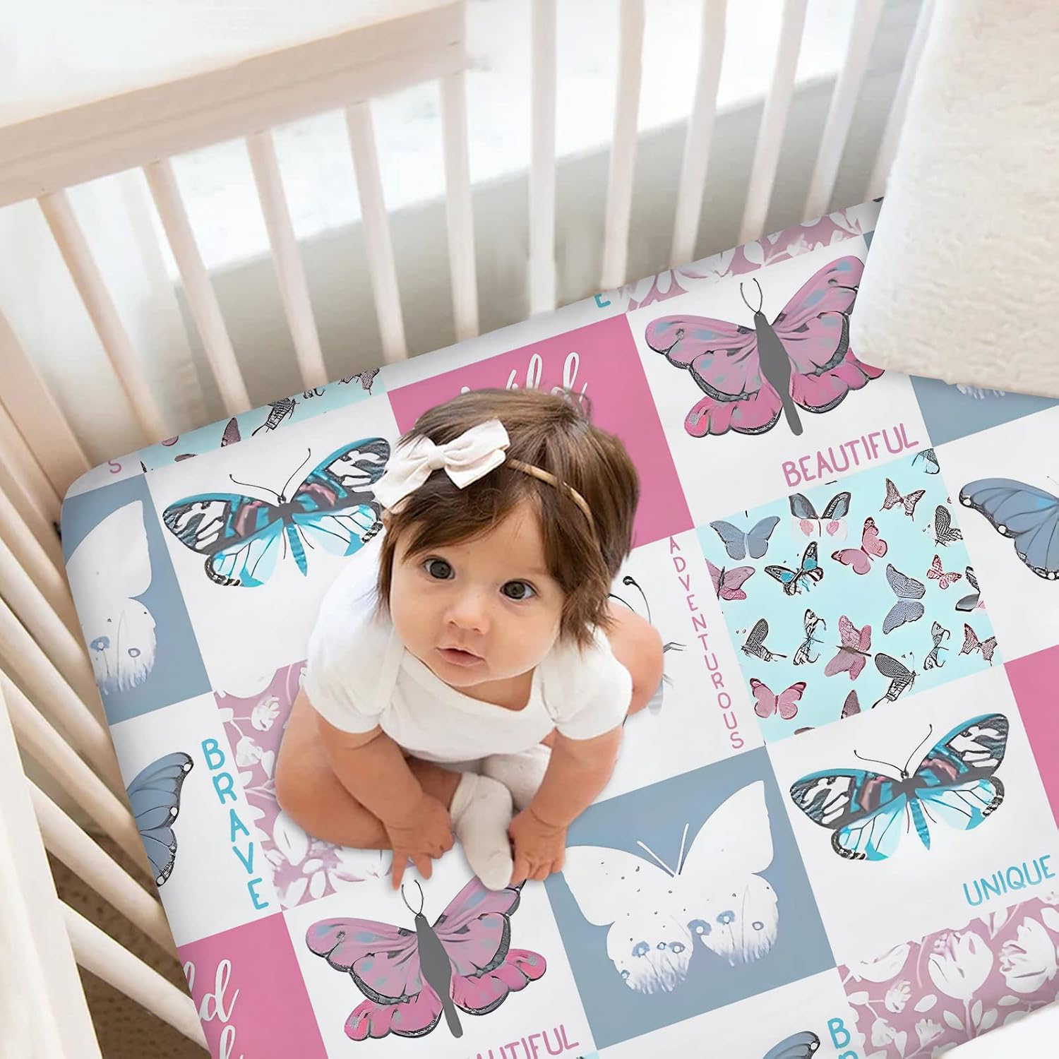 Personalized Crib Bedding Set for Girls, Custom Baby Crib Bedding Sets with Name, Butterfly 2 Pieces Nursery Bedding, Crib Comforter Crib Fitted Sheets for Newborn Babies