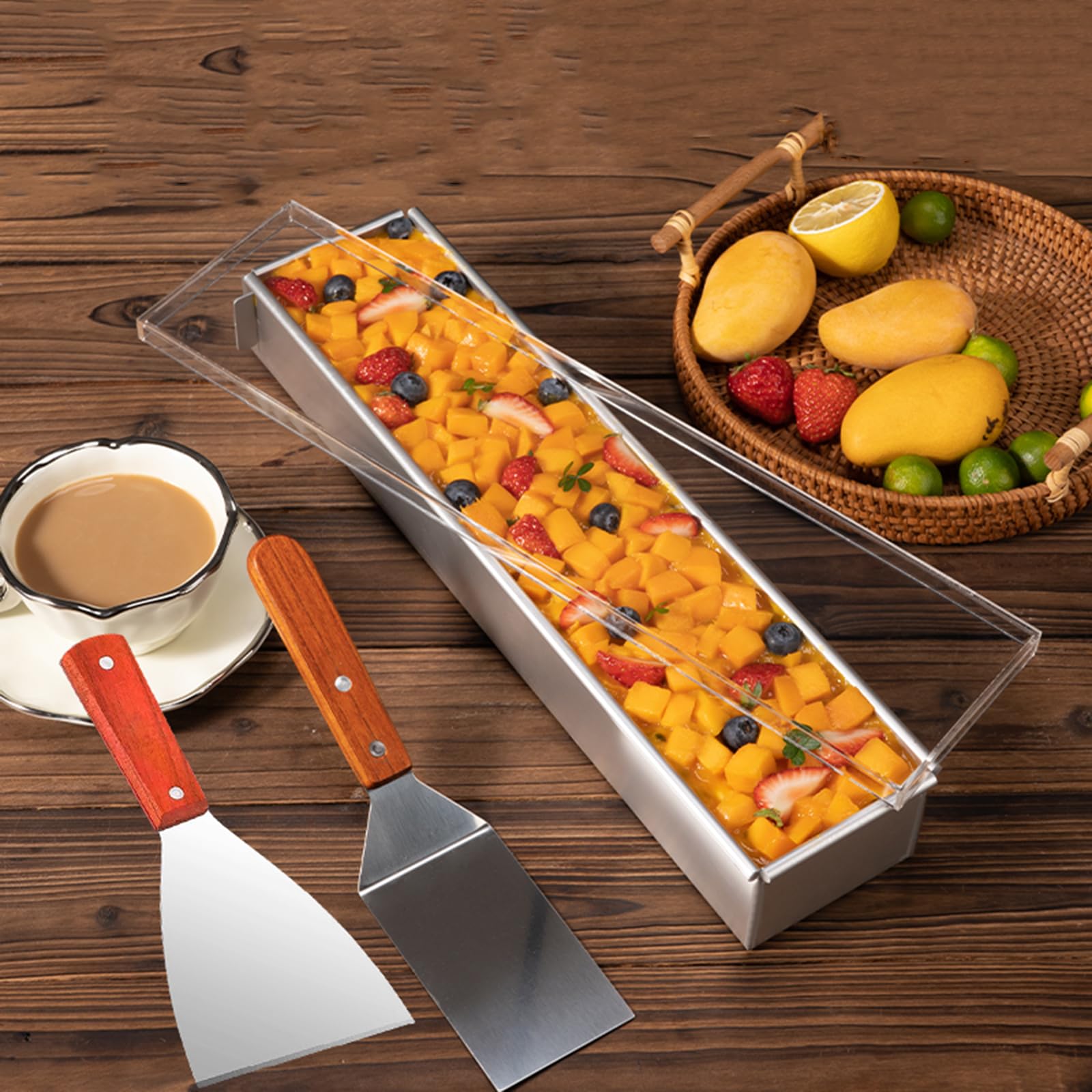 Molde de aluminio para tiramisú, bandeja antiadherente extraíble con tapa y espátulas para tarta de queso y mousse, forma rectangular, 6 x 10 x 40 cm