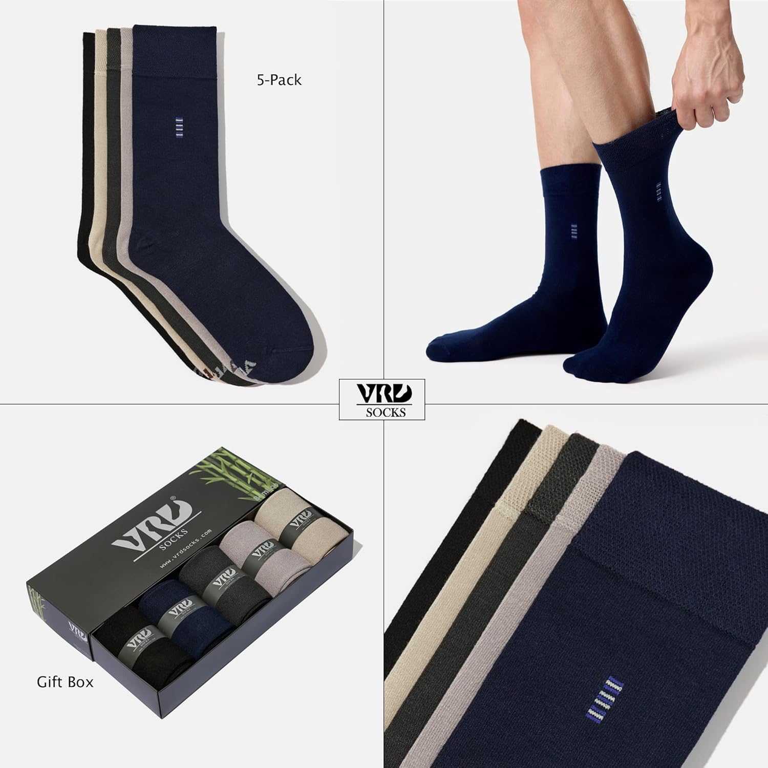 VRD Mens Dress Socks Bamboo Rayon 5-Pack Crew Socks Mid-Calf Length Fits Shoe Size 8-13 Gift Box - Image 2