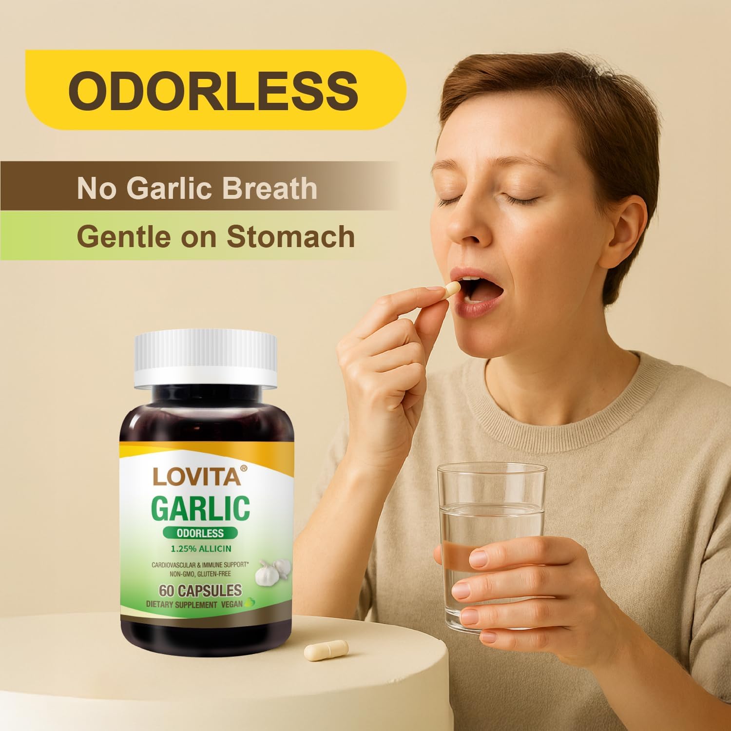 LOVITA Odorless Garlic Extract, Standardized to 1.25% Allicin, Potent 100:1 Concentration, Supports Heart, Blood Pressure, Cholesterol & Immune System, Non-GMO, Gluten-Free, 180 Vegan Capsules