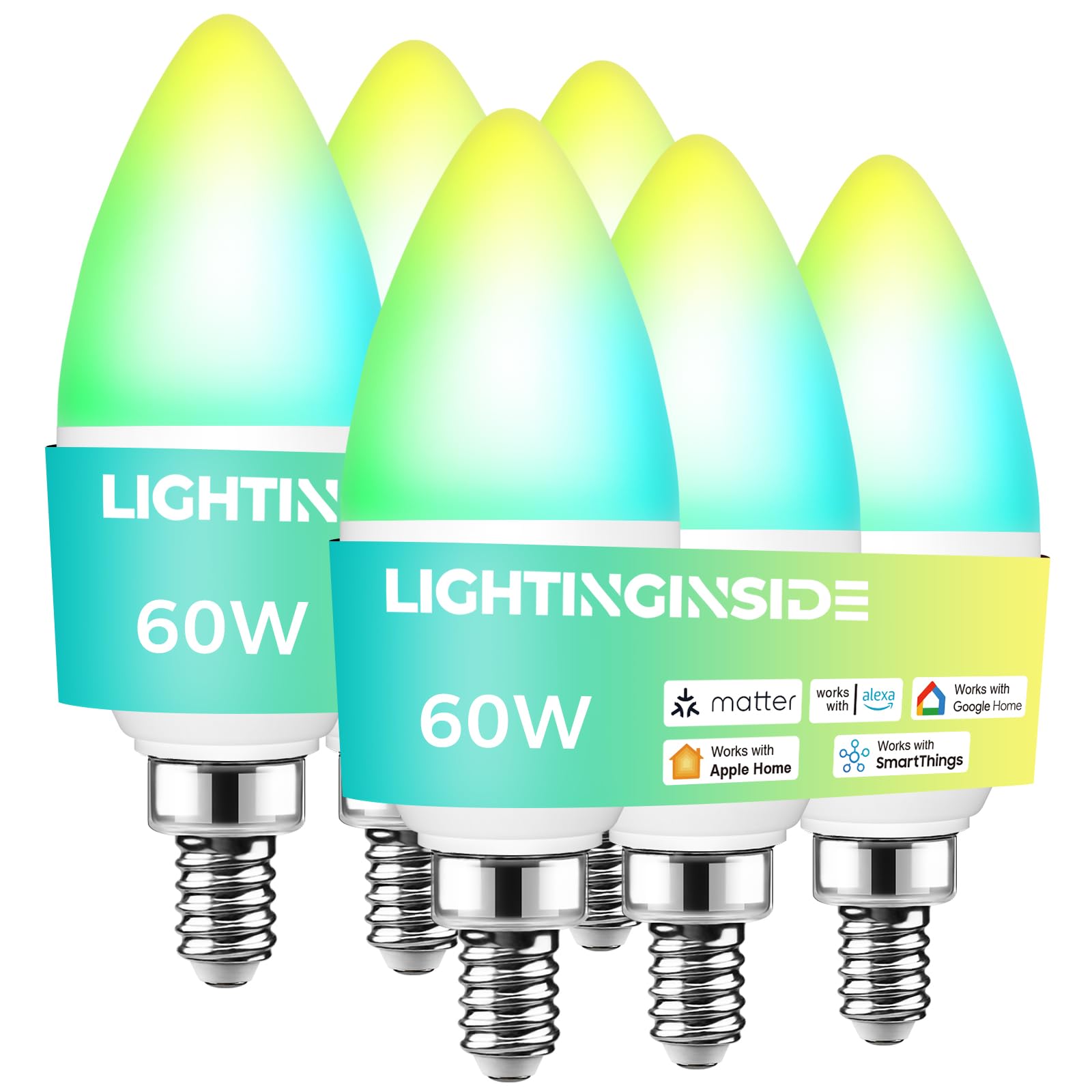 Compatible with Alexa/Apple Home/Google Home/SmartThings, 500LM 6W Candle Smart bulb ETL Listed 2.4G WiFi, Hub Required, 6PCS Matter Smart E12 LED Bulbs 60W, RGBCW Candelabra Light Bulbs