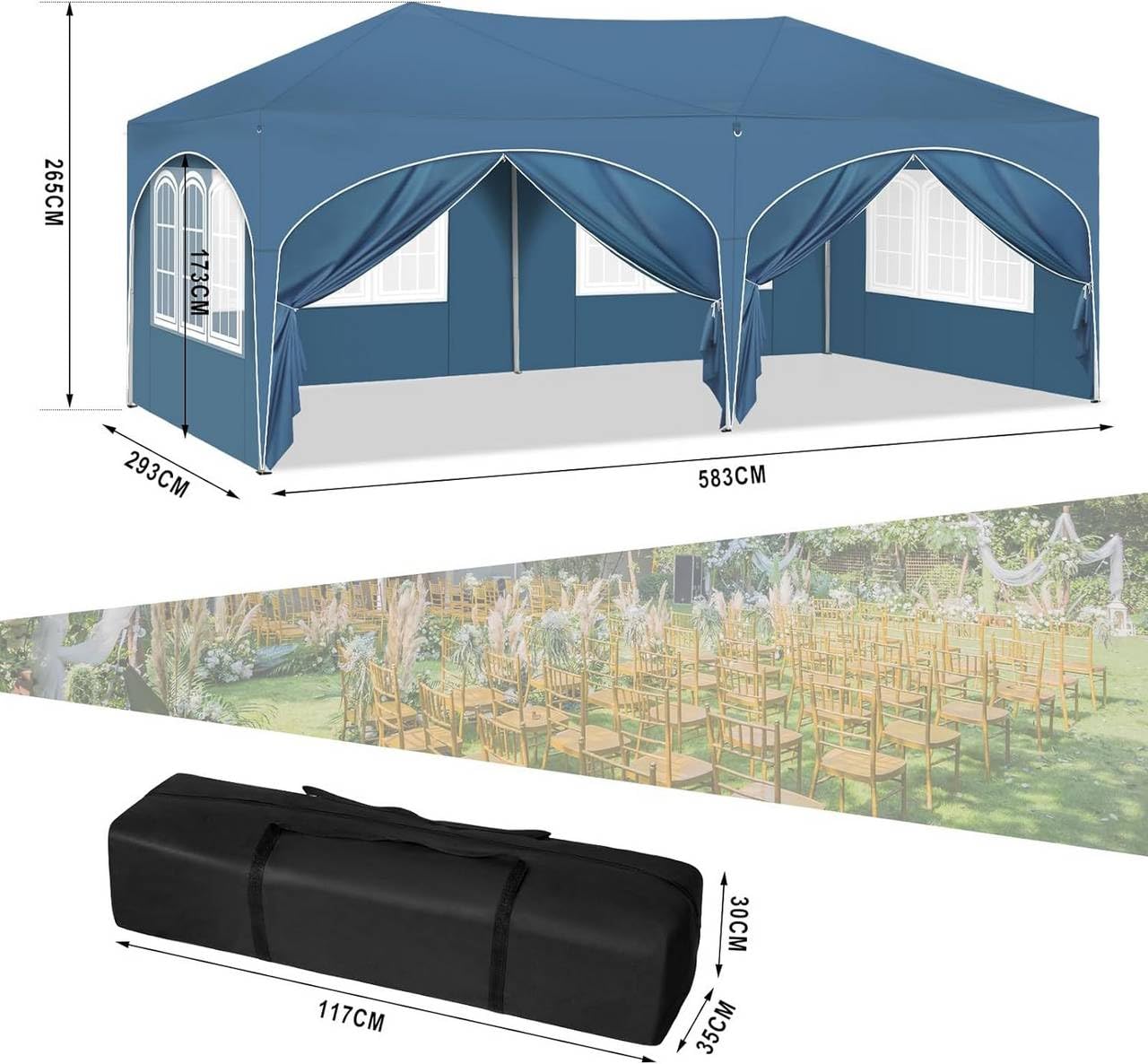 Pawilon składany, 3 x 6 m, namiot imprezowy, pawilon ogrodowy, wodoszczelny UV50+, z 6 ściankami bocznymi, z regulacją wysokości, stabilna metalowa rama i tkanina Oxford, w zestawie torba do