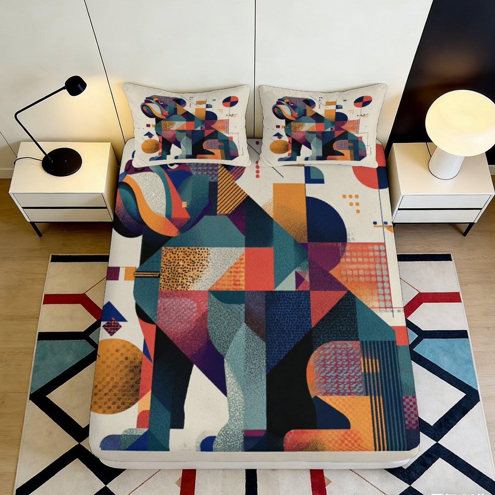 3D Printed Abstract Geometric Fitted Sheet Microfiber Vibrant Contemporary Mattress Cover for Bedroom Guest Room Decor 90x200x25cm