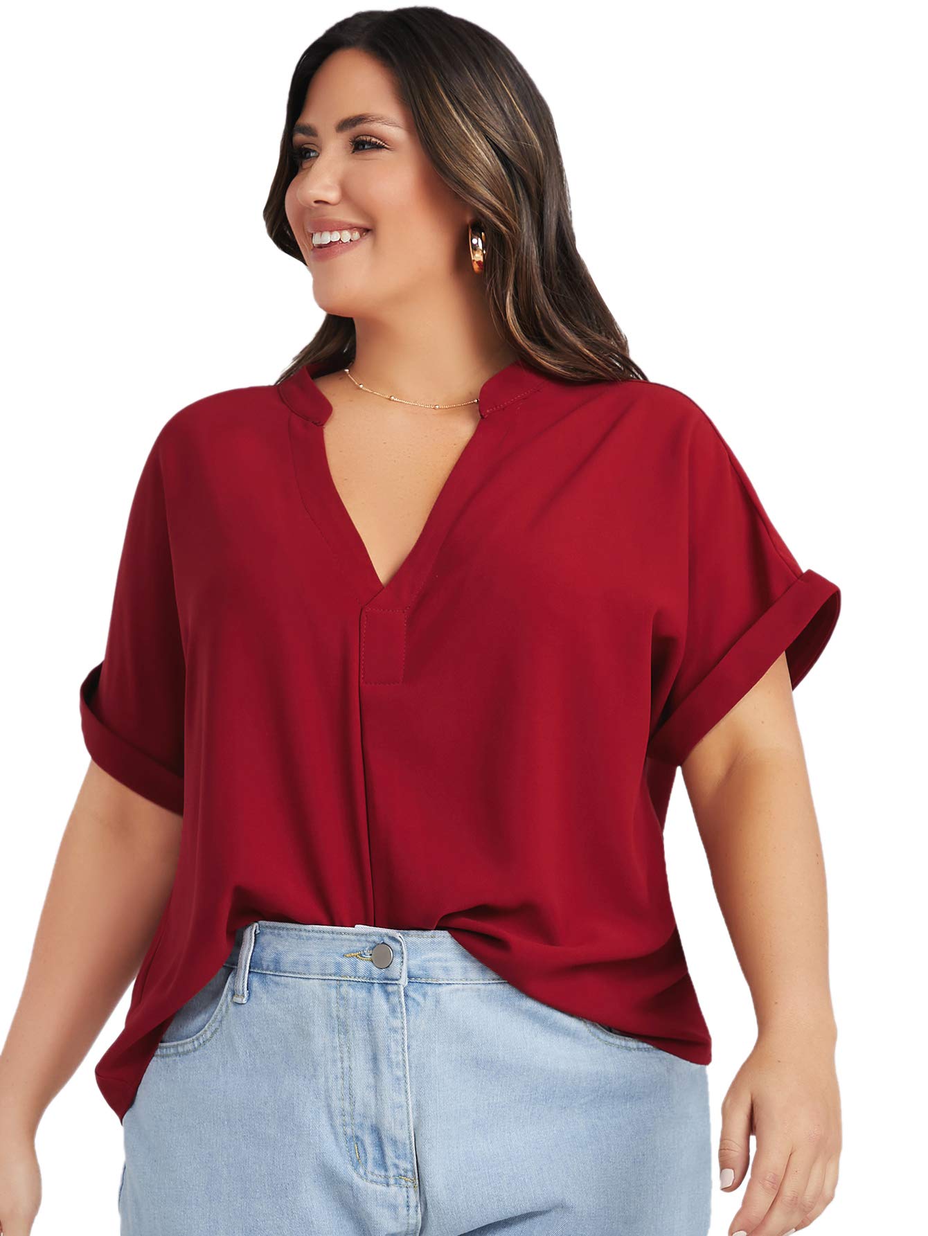 Milumia Women's Plus Size Notched V Neck Rolled Up Short Sleeve Work Blouse Shirt Top