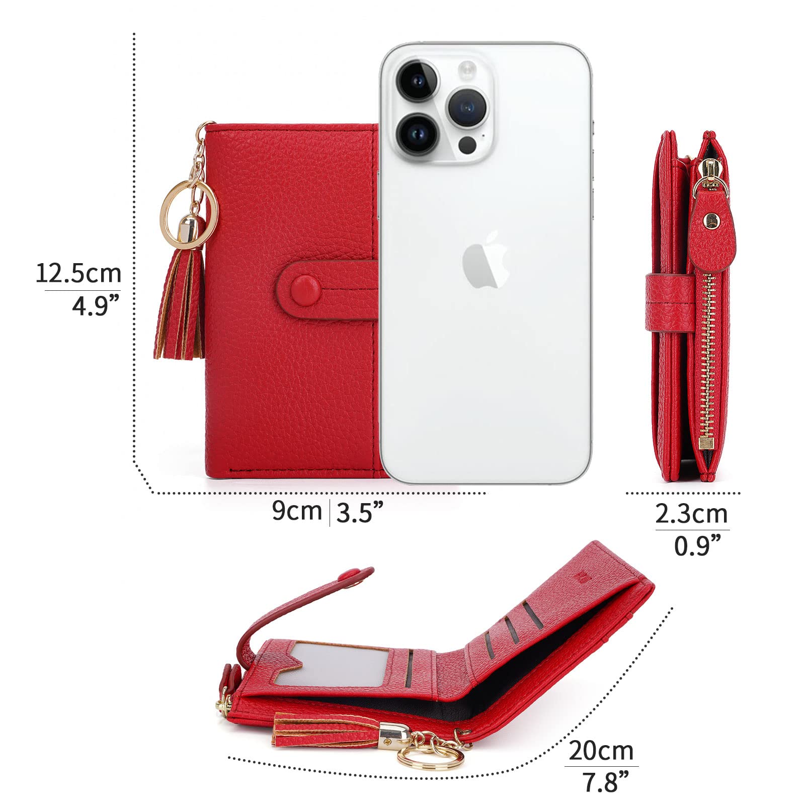 HKCLUF Portafoglio Piccolo da Donna, Porta Carte Blocco RFID Portamonete Pelle con Nappa Portafogli Cerniera Molti Scomparti(B08-Rosso)