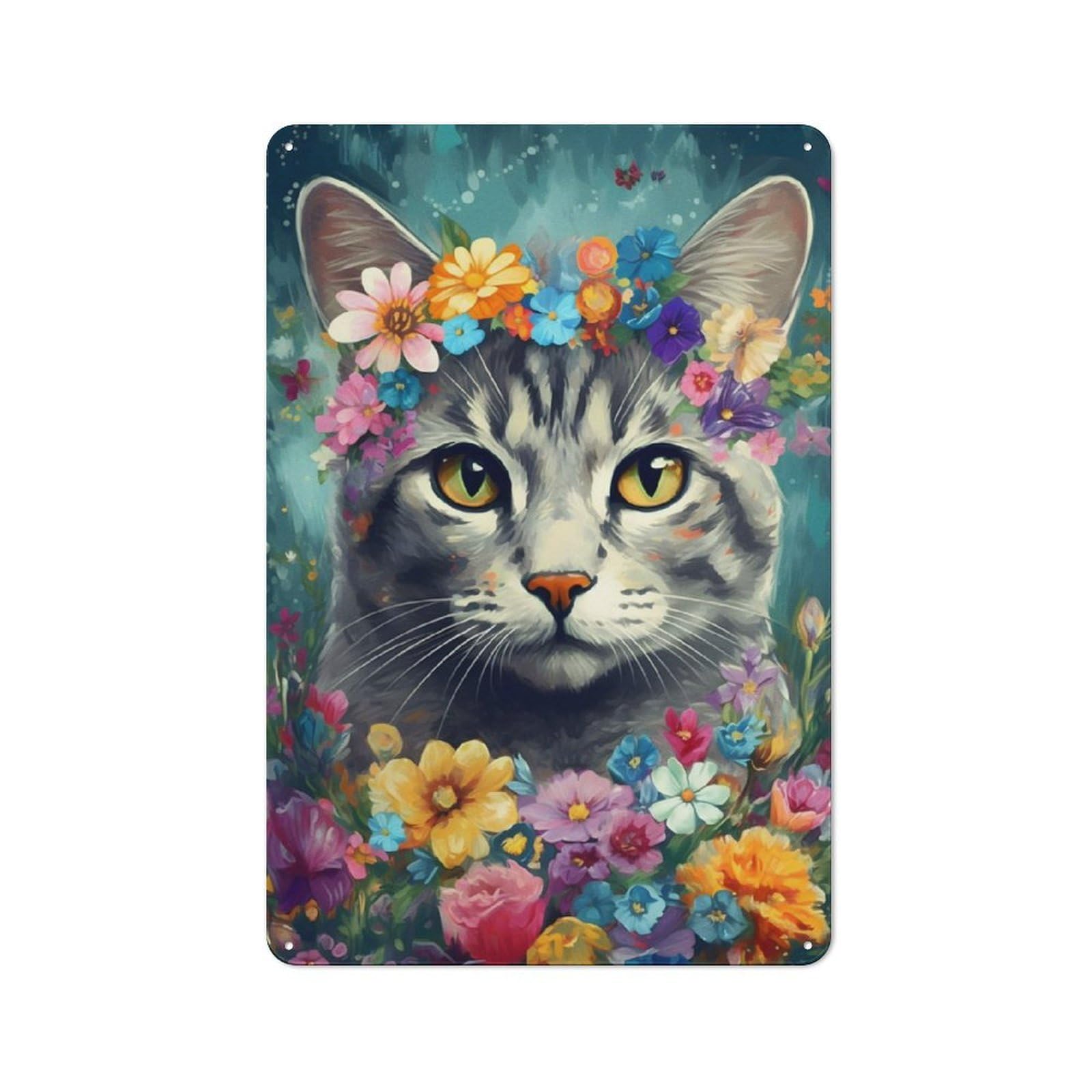 Junmoney Cat Flowers Tin Wall Plaque 30X20cm With For Living Room Wall, Gift For Feature Wall Decorators During The Christmas Season