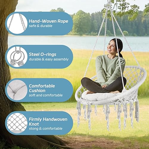 Miniatura 2 de Bohemian Hammock Swing Chair, 330 Lbs Capacity Handwoven Cotton Rope  Soft Cushion, 3 Flexible Installs & Steel O-Rings, Indoor Swing for