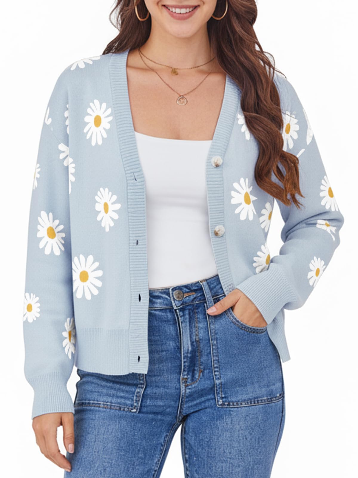 ANRILITA Womens V Neck Long Sleeve Open Front Chunky Cardigan Fall Knitted Button Up Sweaters