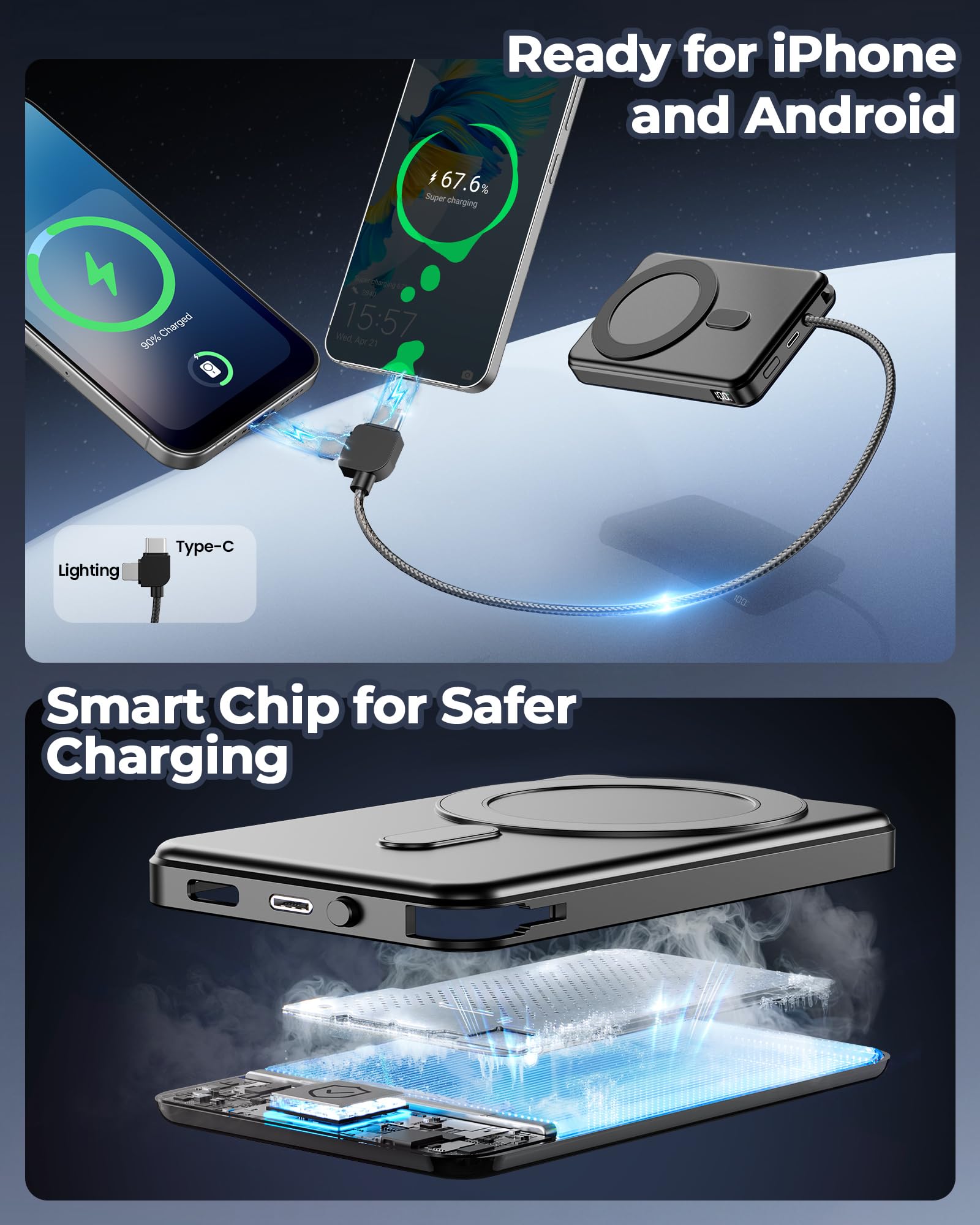 golioklsy Caricabatterie portatile Power Bank, 10000 mAh, caricabatterie per telefono con cavo integrato, ricarica rapida PD da 20 W, batteria sottile con display LED, essenziale da viaggio per iPhone