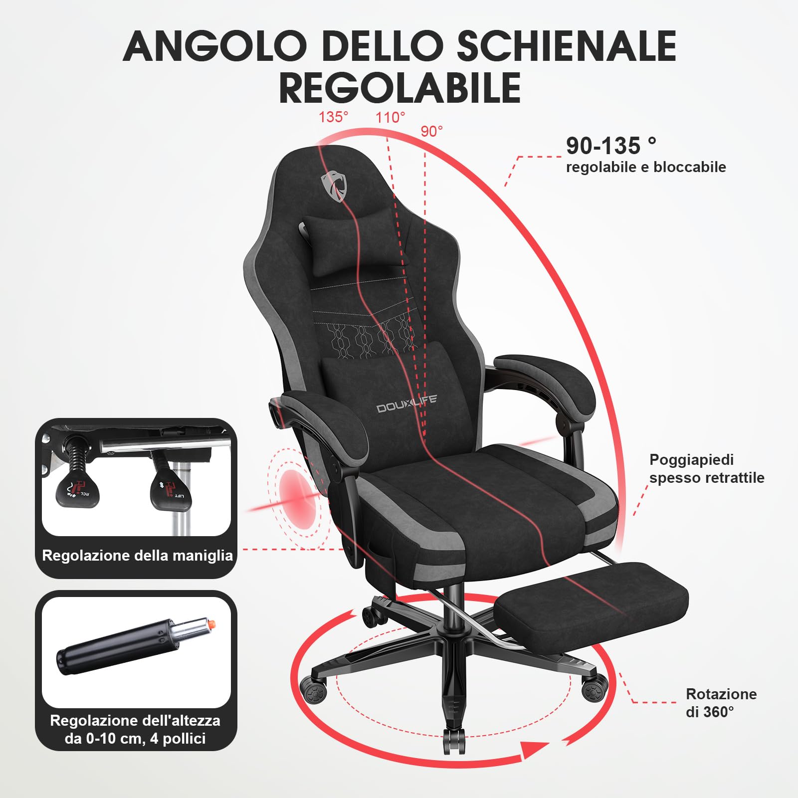 Douxlife Sedia Gaming in tessuto con Cuscino Lombare Massaggiante, Ergonomica Sedia da Ufficio con Cuscino Primaverile, Poggiapiedi, Portata 158kg, Nero Grigio