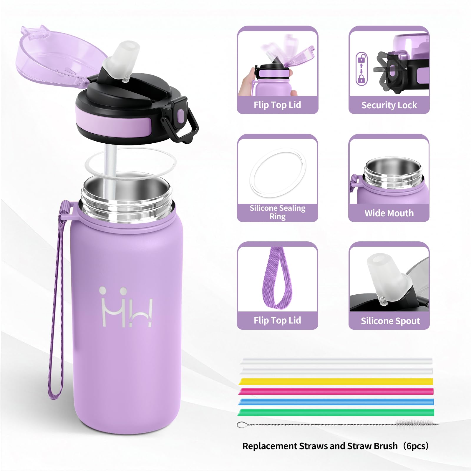 Gourde Inox 500ml, Gourde Isotherme avec Paille et Anti-Fuite, sans BPA, Double Paroi Isolante, Légère et Résistante, Bouteille D'eau pour Bureau, École, Yoga, Randonnée, Voyage - 3