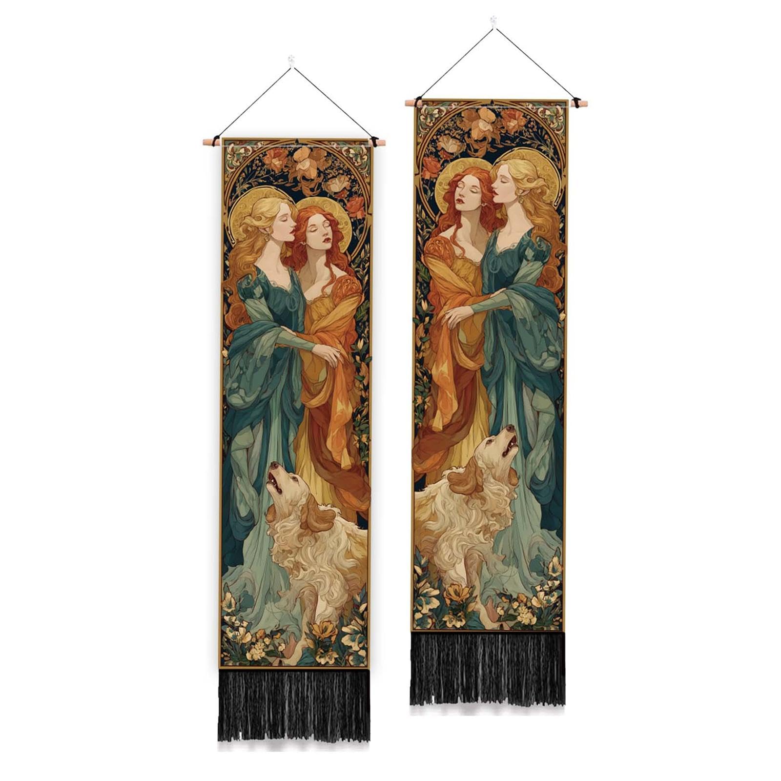PLIGREAT 2 Pack Medieval Women Wall Tapestry Retro Long Wall Hanging with Tassels Decorative Aesthetic Vertical Tapestry for Bedroom Living Room Home Decorations, 130 x 33cm