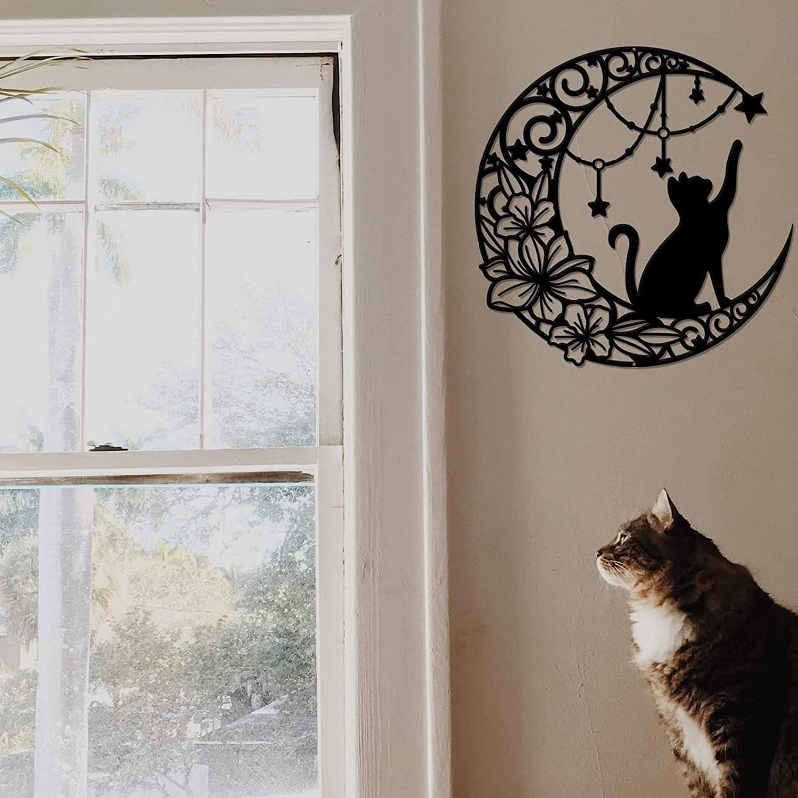 Décoration Murale Chat Et Lune En Métal Noir - 38 Cm - Style Rustique Moderne - Pour Salon, Chambre, Jardin - 6