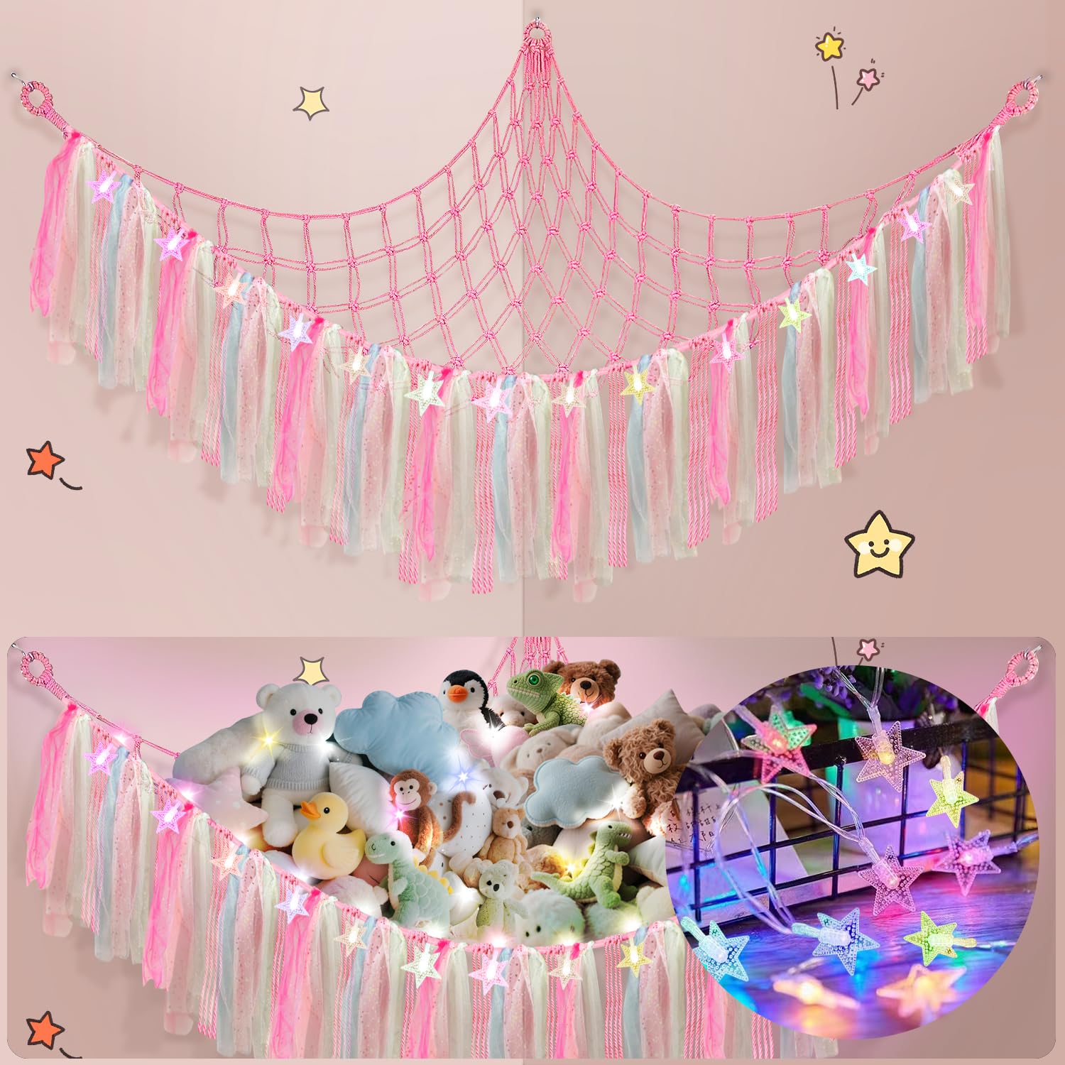 Lunriwis Teddy Hammock with LED Light, Boho Decor Plush Toy Storage Net, Teddy Bear Soft Toy Storage