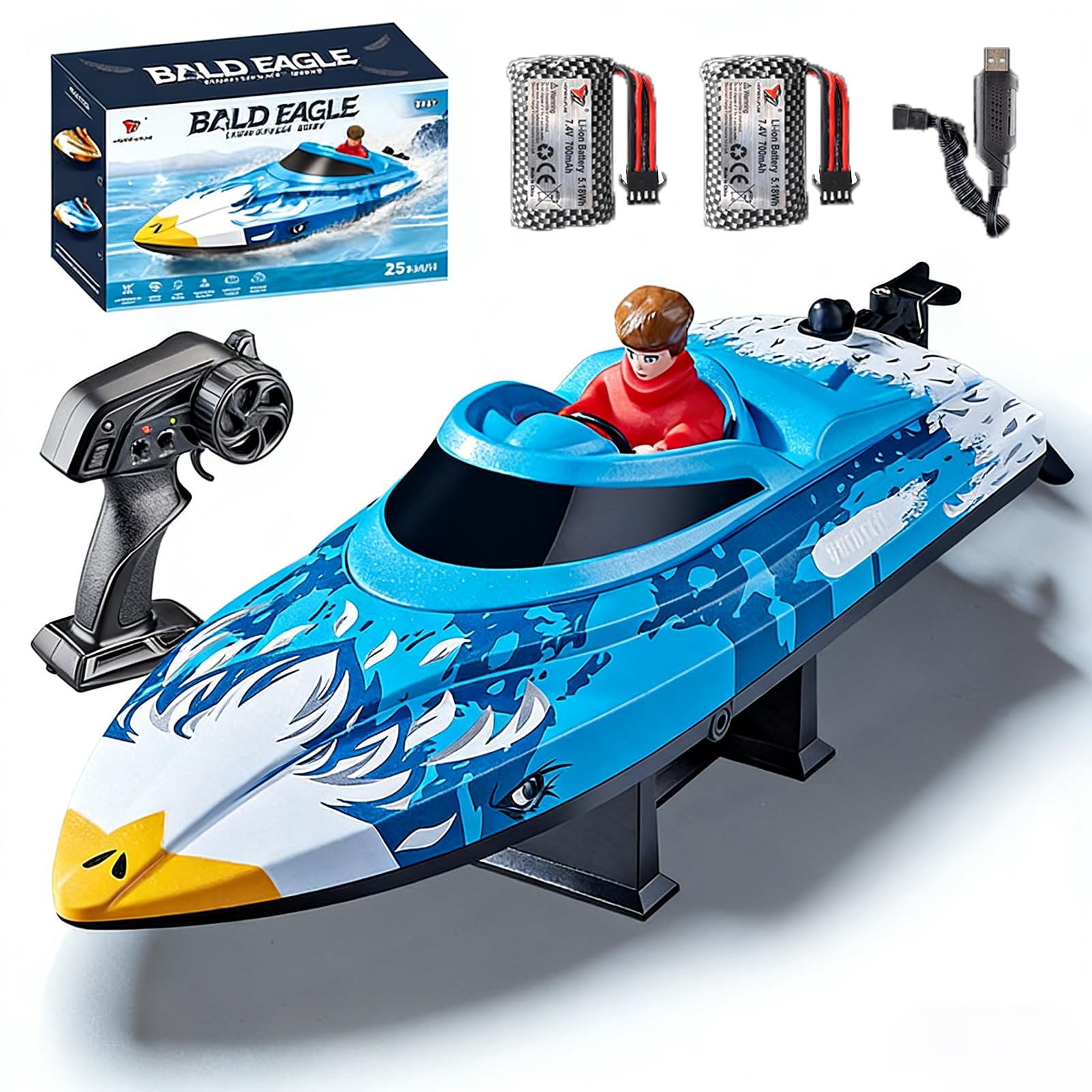 Hylukon RC Speed Boat, 2.4GHz 25 KPH High Speed Remote Control Racing Boat with LED Lights, Low Voltage Alarm, One-Click Auto Reset, Auto Demonstration for Lakes and Pools (Blue)