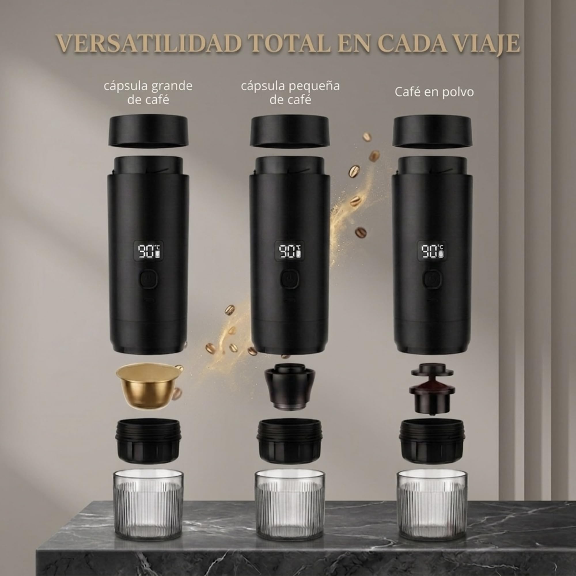 Kit Cafetera Portátil 3 en 1 – Maquina de Espresso 20 Bares Compatible con Cápsulas Nespresso, Dolce Gusto y Café Molido – Cafetera Capsulas Recargable USB-C 7800 mAh de Calentamiento Rápido