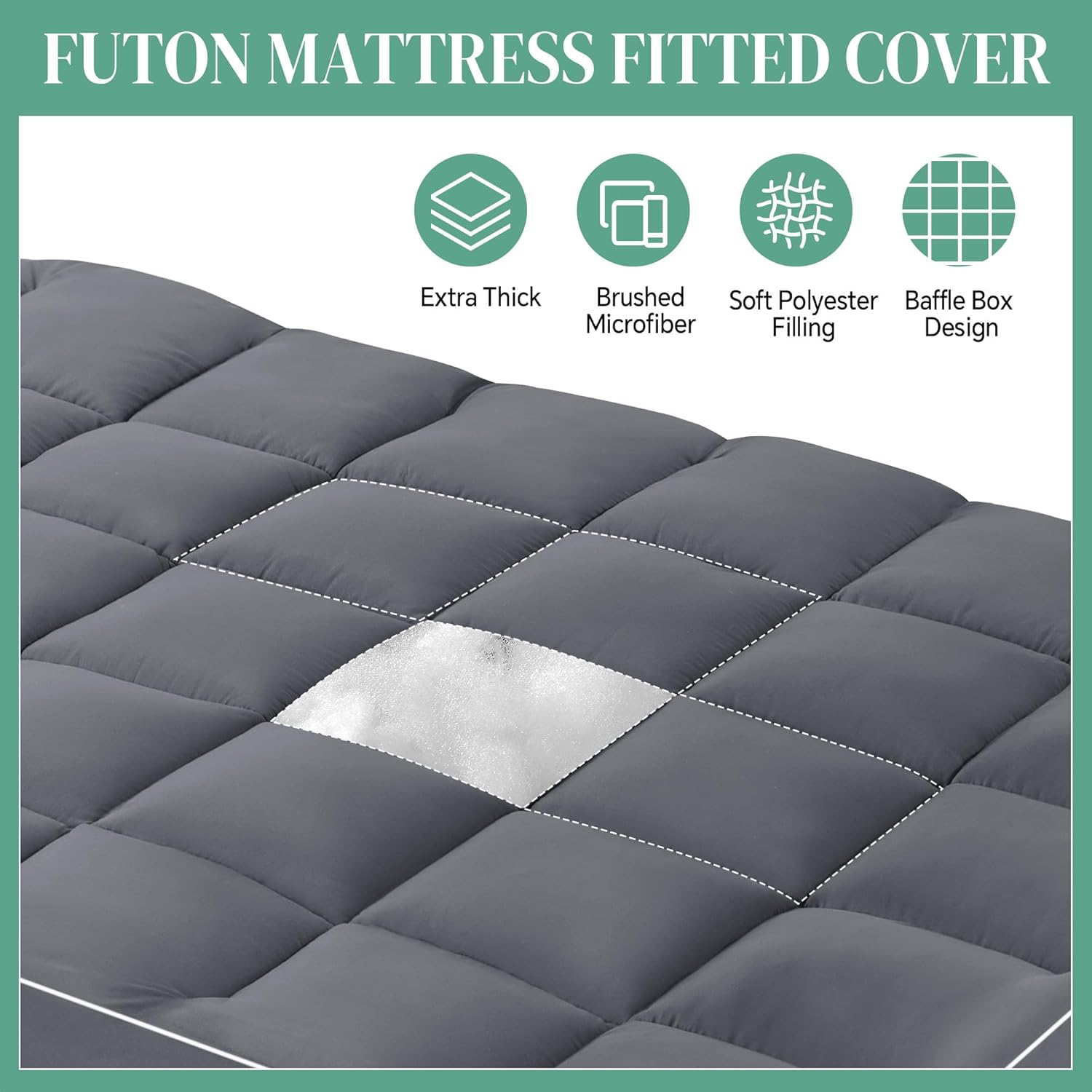 HOMBYS Extra Thick Fitted Futon Mattress Cover Full Size with Anti-Slip Elastic, Plush Down-Alternative Filling for Enhanced Comfort, 100% Polyester Futon Topper, Grey, Cover Only