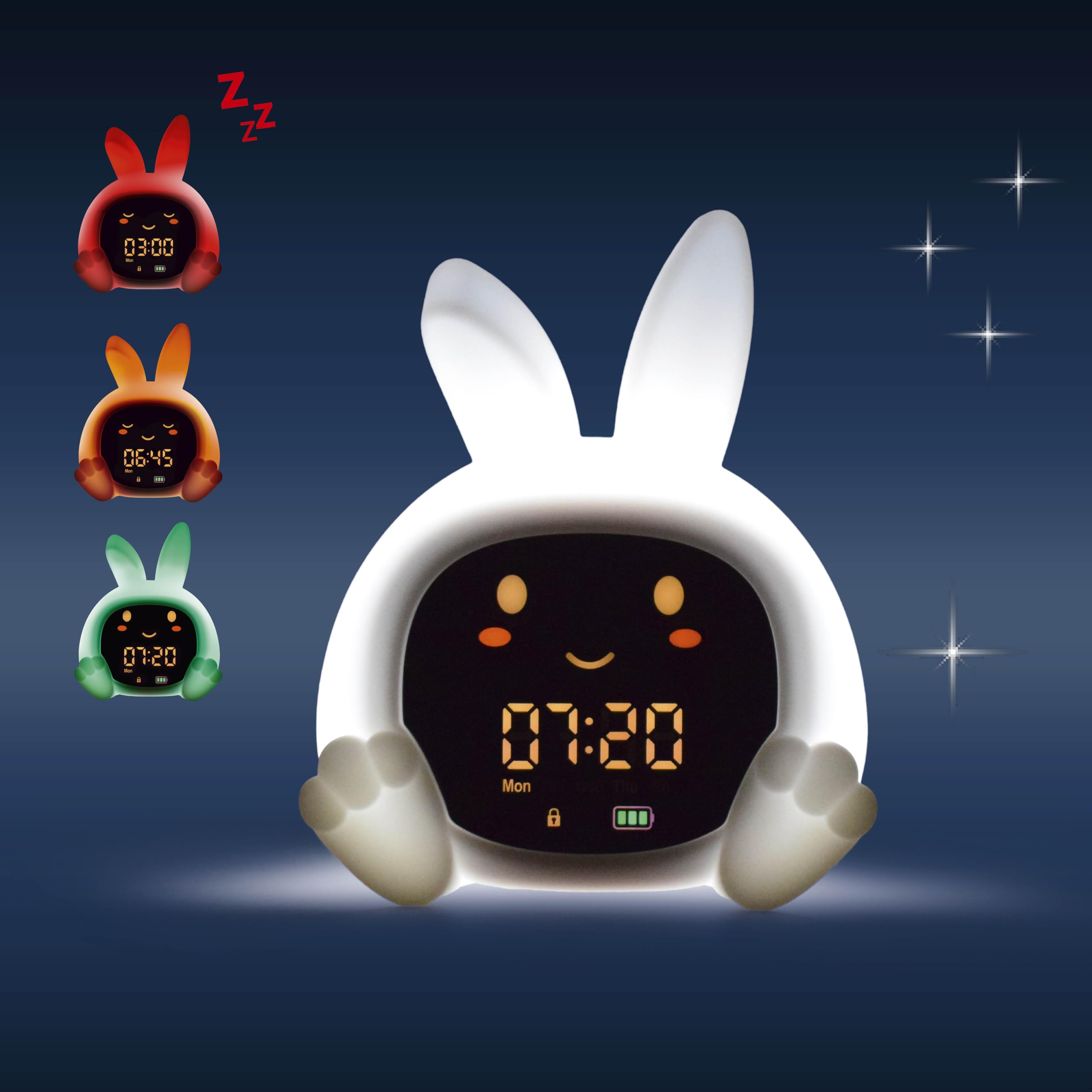ZAZU Sarah Sleeptrainer für Kinder – Nachtlicht (5 Farben), Soundmaschine, Wecker mit 6 Sounds, Augen öffnen/schließen, wiederaufladbar inkl. USB