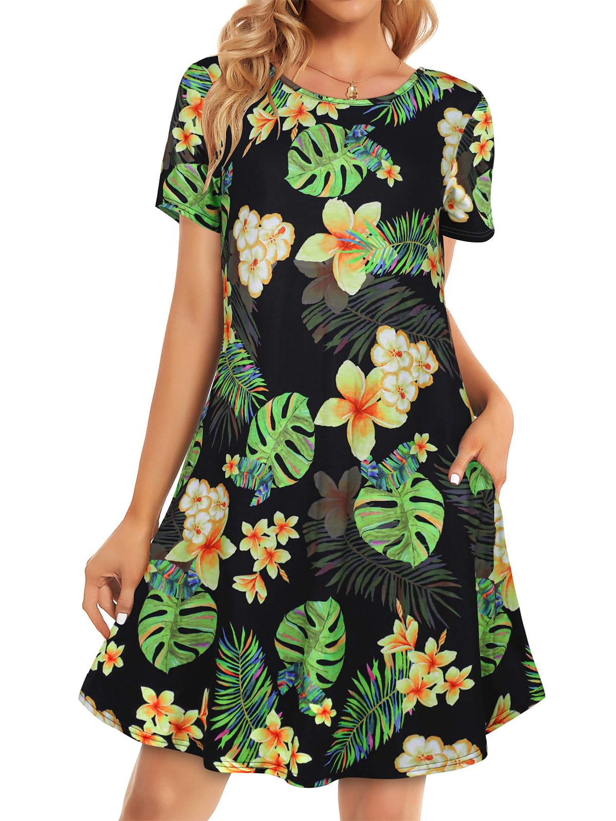elescat Womens Summer Dresses Casual Loose Tshirt Floral Pockets Sundress | 2026 Boho Flowy Short Sleeve Dress, Two Hidden Pockets, Loose Beach Cover Up, Solid or Floral, Fashion Vacation Outfits
