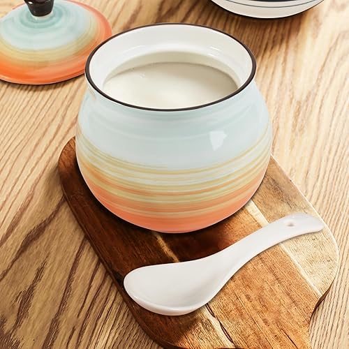 Miniatura 3 de Koythin Contenedor de grasa de tocino de cerámica con colador, 23 onzas, adecuado para almacenar aceite de freír y grasa de cocina (cian y naranja)