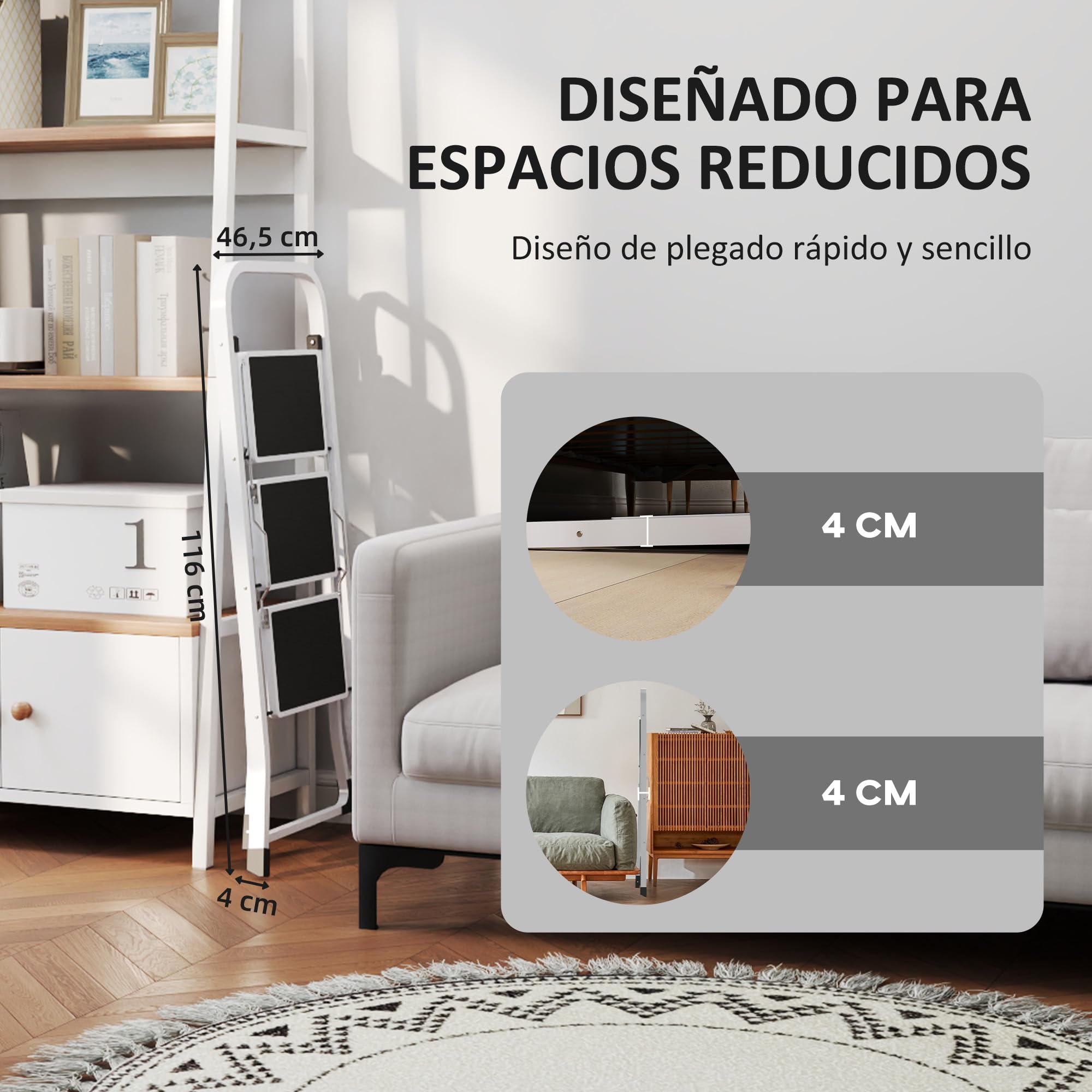HOMCOM Escalera Plegable de 3 Peldaños Escalera de Tijera Carga hasta 150 kg con Pedal Antideslizante Fácil de Guardar y Transportar para Hogar Cocina Oficina Blanco
