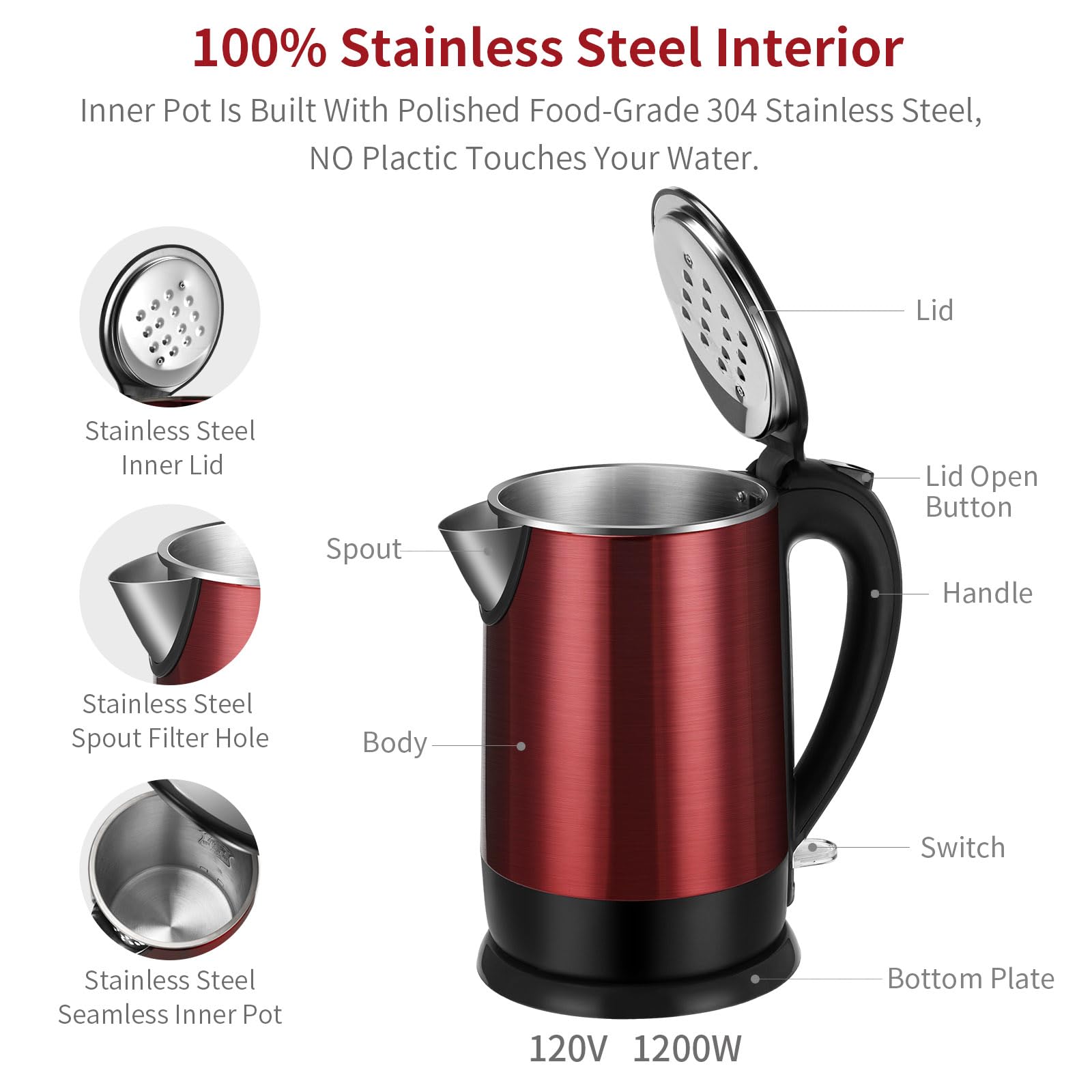 Electric Kettles Stainless Steel for Boiling Water, Double Wall Hot Water Boiler Heater, Cool Touch Teapot, Auto Shut-Off & Boil-Dry Protection, 120V/1200W, 1.7 Liter, 2 Year Warranty (wine red)