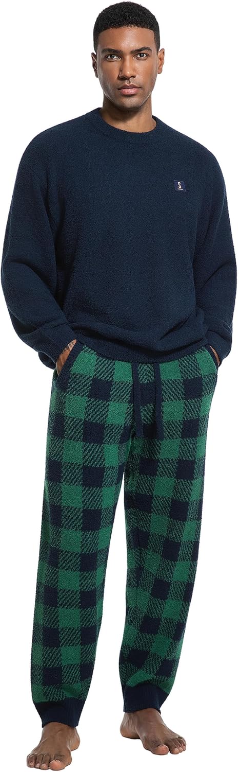 SlumberMee Mens Fleece Plush Pajama Set Ultra Soft Fluffy Warm Pjs Long Sleeve Top & Bottom Knit Winter Sleepwear