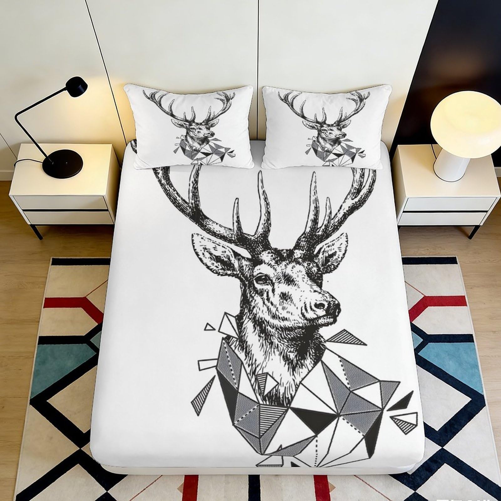 3D Printed Geometric Deer Fitted Sheet Microfiber Soft Breathable Nordic Antler Mattress Cover for Bedroom Dorm Decor 90x200x25cm