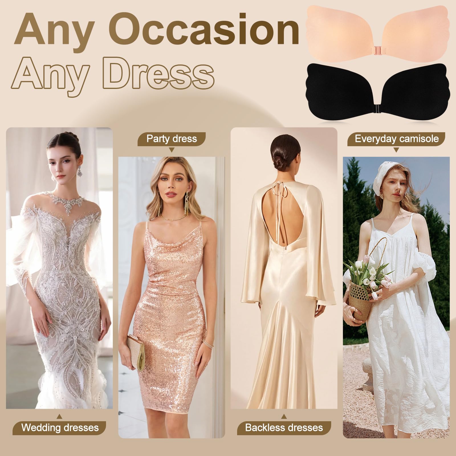 Sujetador Adhesivo Push Up, 2 Piezas Sujetador Invisible Reutilizables con Nipple Cover Sujetador Sin Tirantes Espalda para Mujer