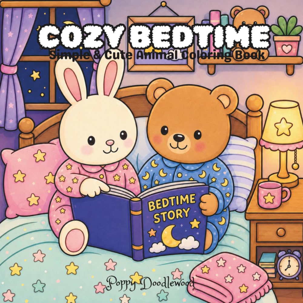 Cozy Bedtime Animal Friends Coloring Book: Relaxing Bunny & Bear Coloring Pages with Cozy Bedtime Moments, Moonlight, Stars, and Pajamas