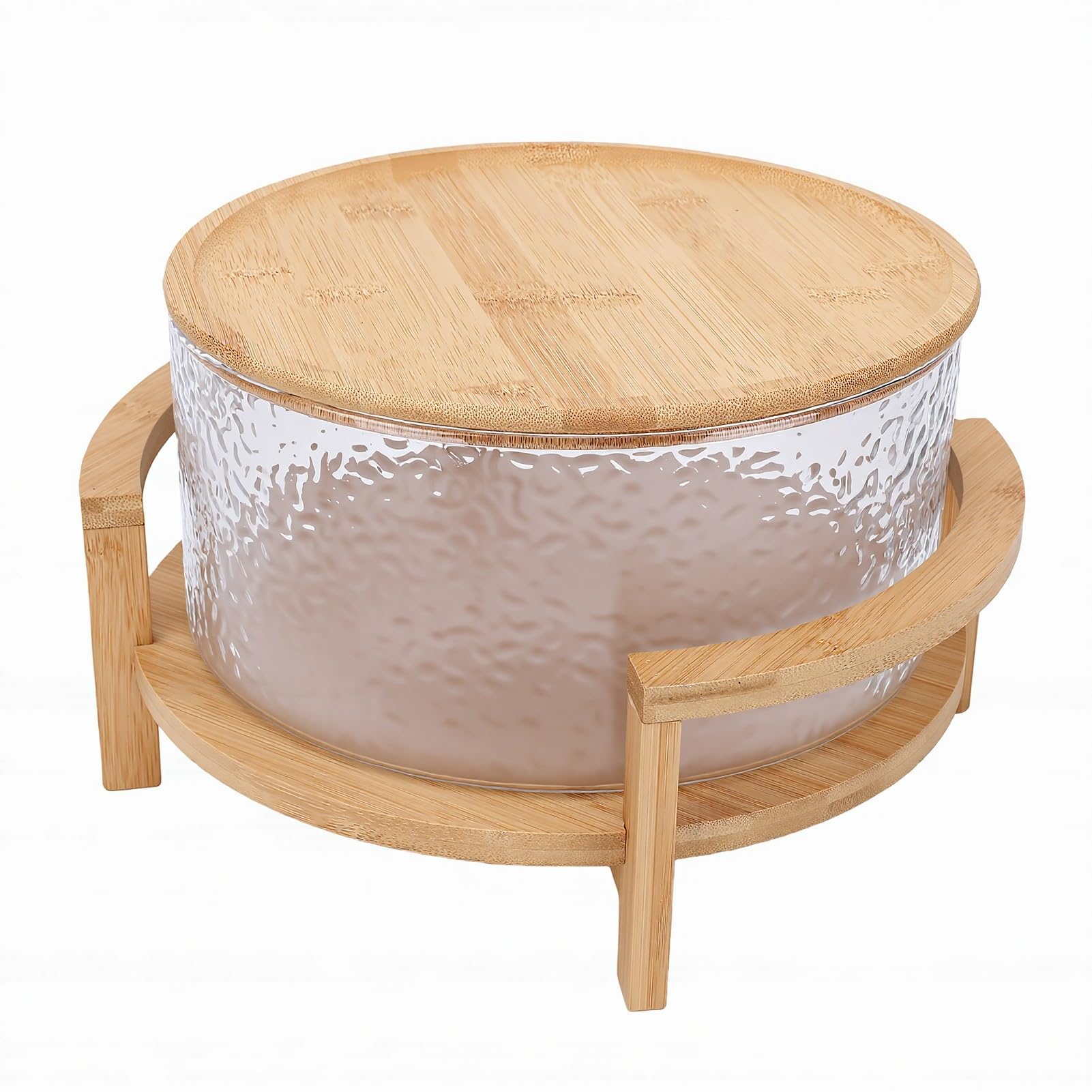 Zerodis Schüsseln Küche Großes Glas-Salatschüssel-Set mit Ständer aus Akazienholz, Elegante Servierschüssel für Salate, Nudeln, Obst, Snacks, Glas-Rührschüsseln, Salatschüssel