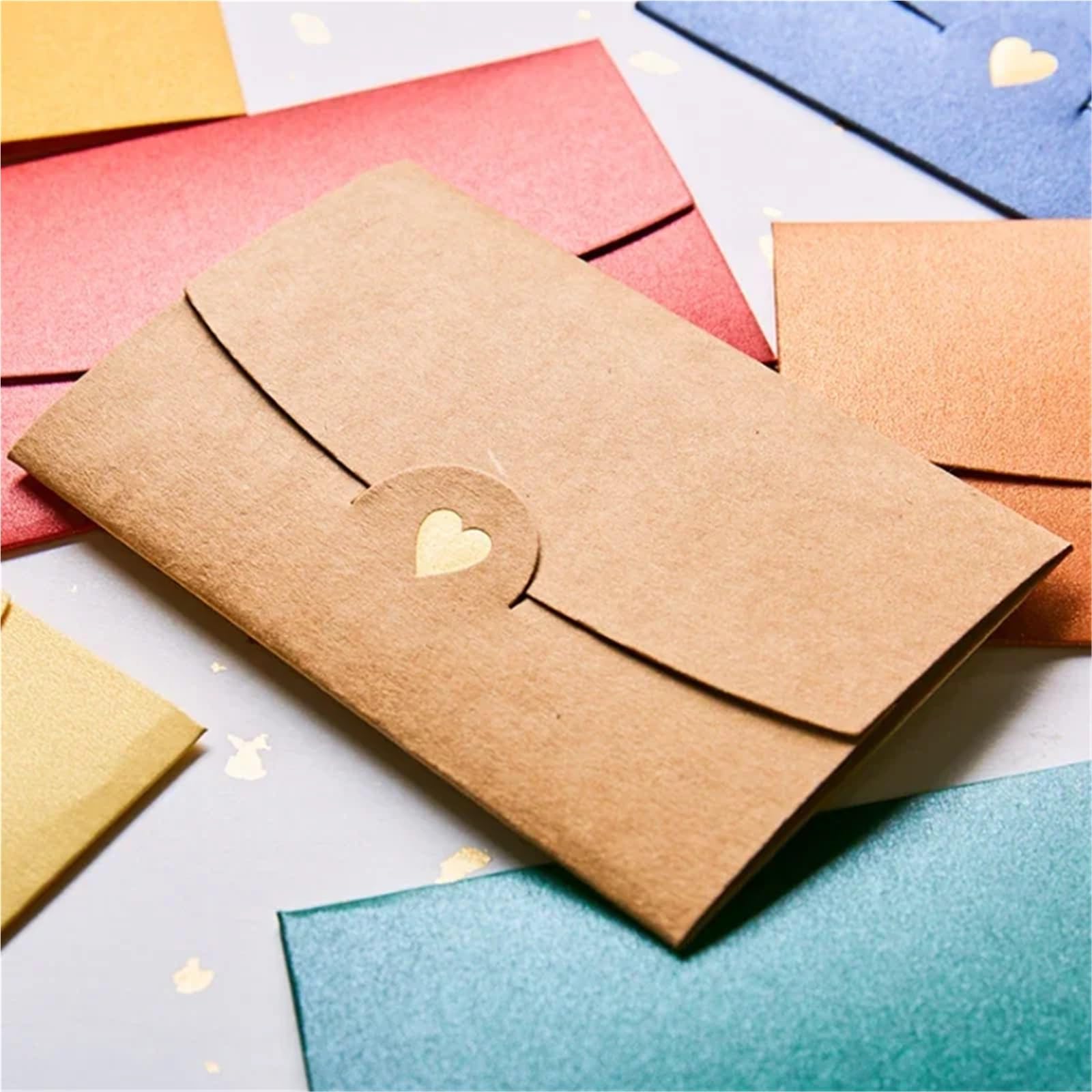 Koperty na karty podarunkowe 100 szt. Złote serce Papier pakowy perłowy Małe koperty DIY Kolorowe okładki z życzeniami Na Święta Wesela Scrapbooking 10 x 7 cm