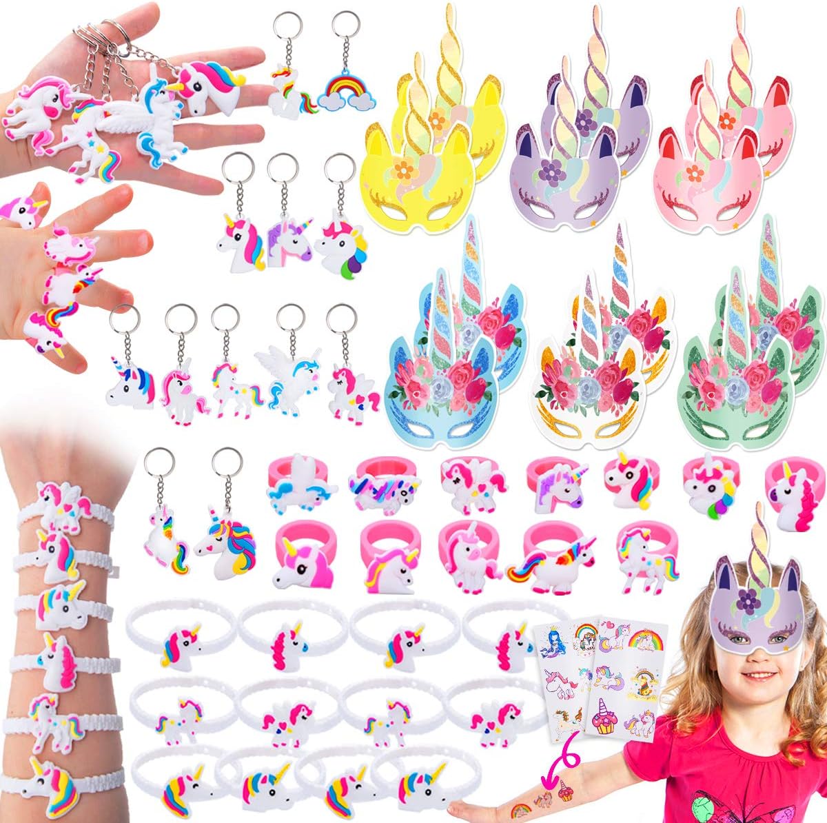 60 Pack Unicorn Party Favors Supplies, Masks, Rings, Bracelets, Keychains, Tattoos, Kids Girls Birthday Novel Rainbow Gifts Toys, for 12 Guests