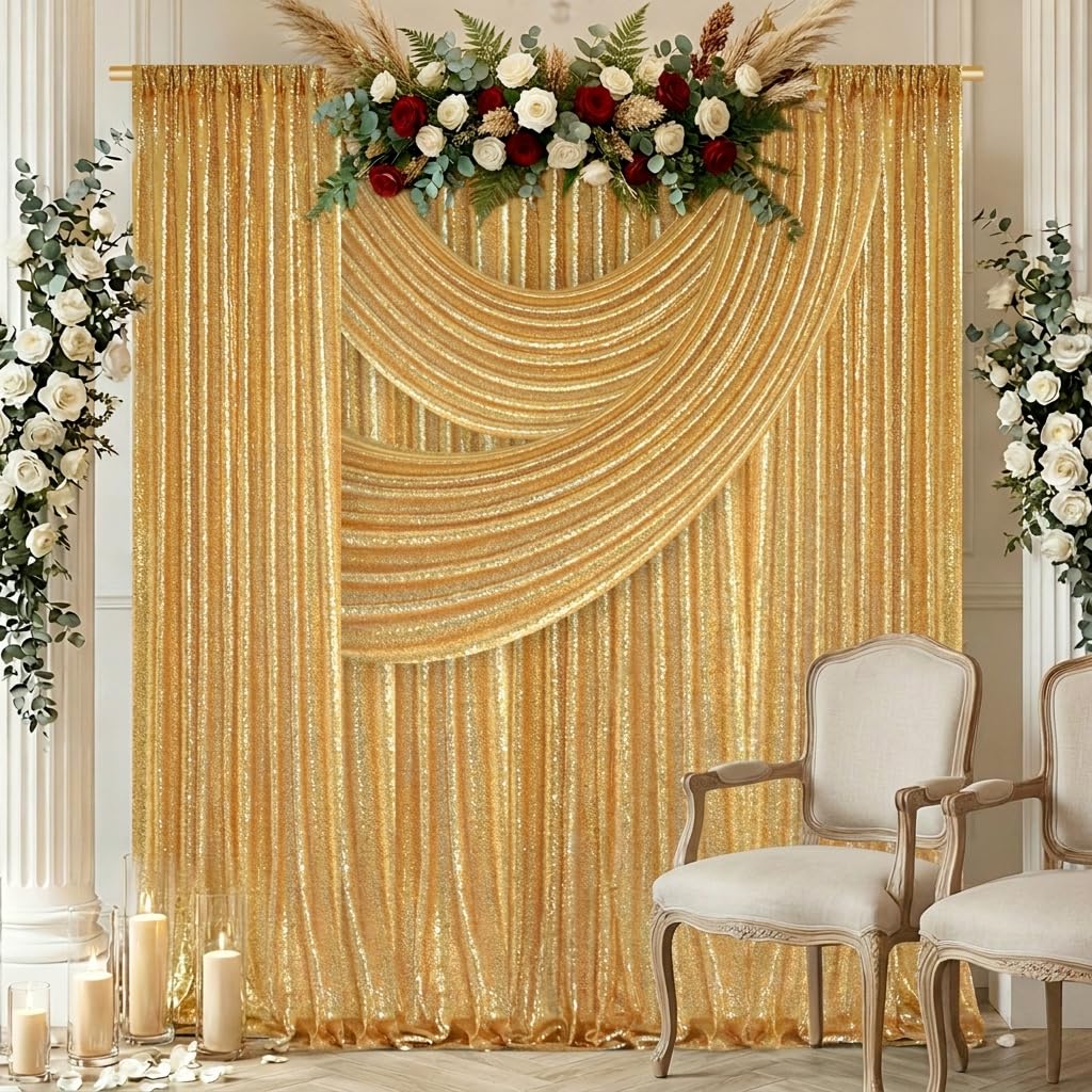 Gold Sequin Backdrop Curtain Panels Stage 2 Pieces 2FTx8FT Sheer Gold Curtains Backdrop Photo Backdrop Curtains for Wedding Birthday Party Background Drapes Christmas Decorations — Amazon image 7