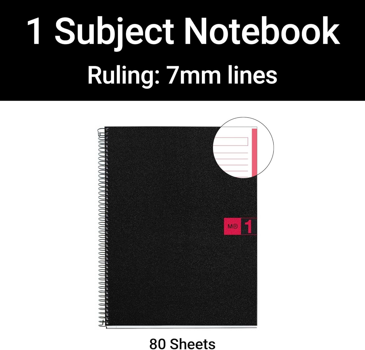 Miquel Rius Case of 10 M Original 1 Subject Notebooks, Lined 11" x 8.5", 80 Sheets Heavyweight Paper, Micro-Perforated & 3-Hole Punched, Black/Red Poly Cover