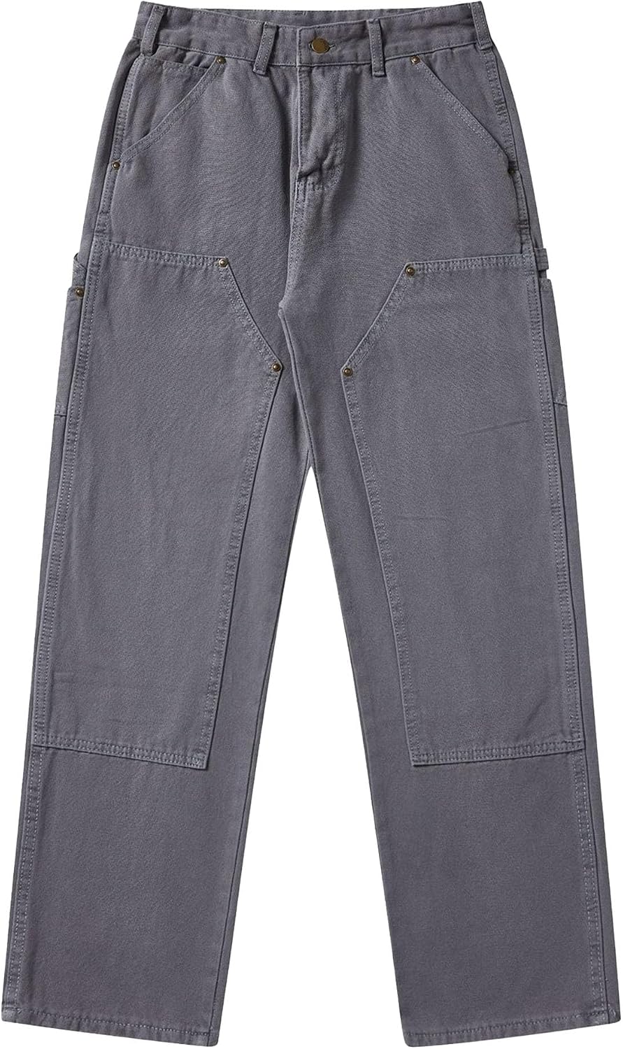 Men Casualbe Straight Canvas Pants Loose Relaxed Fit Stretch Cargo Jeans Baggy Mid-Waist Washed Long Pant