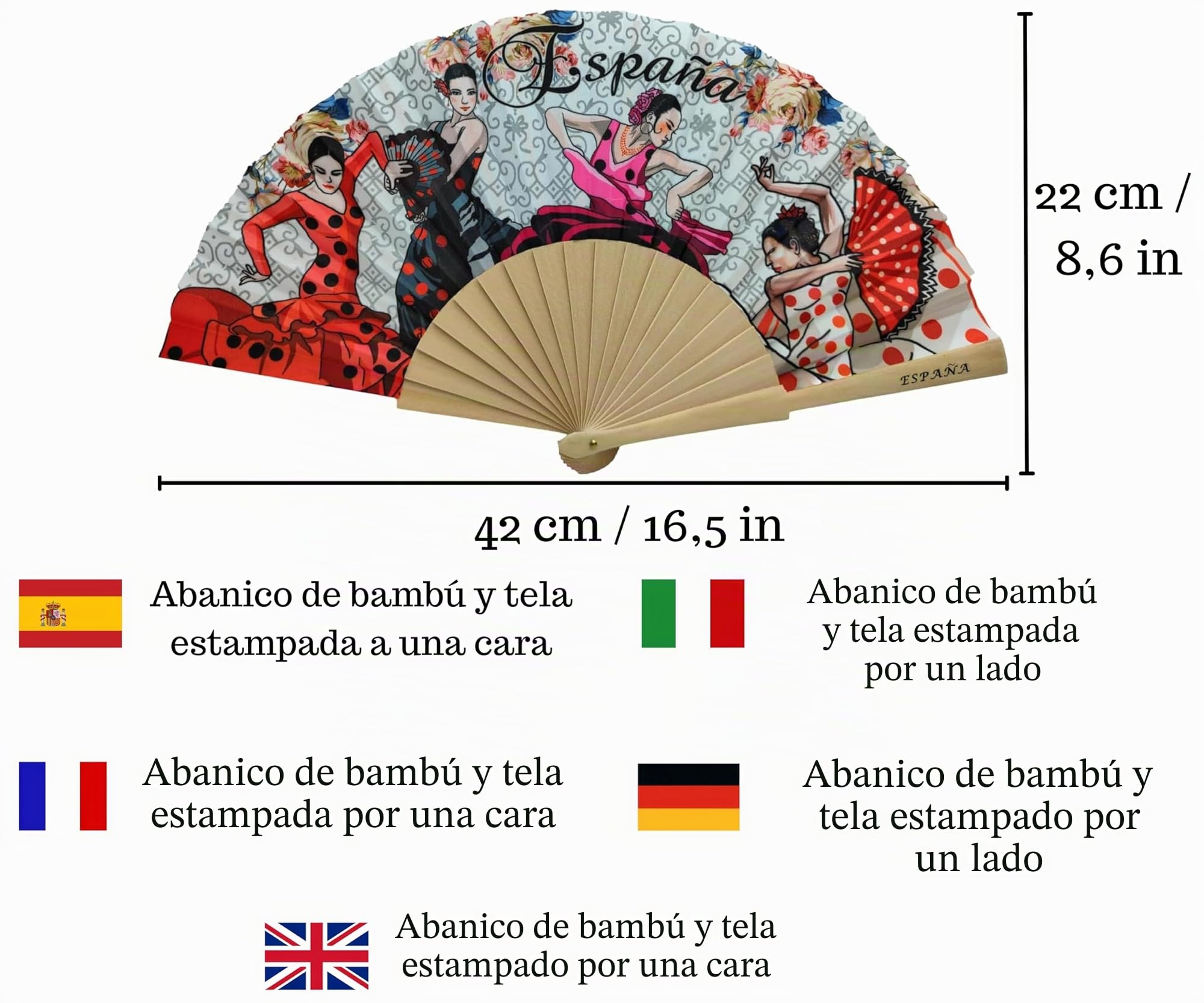 Pack de Abanico con Dibujo Baile Flamenco con Funda Artesanal Hecha en Ubrique y Pulsera de Tela – Diseño Tradicional Español Souvenir o Regalo (Blanco Marrón)