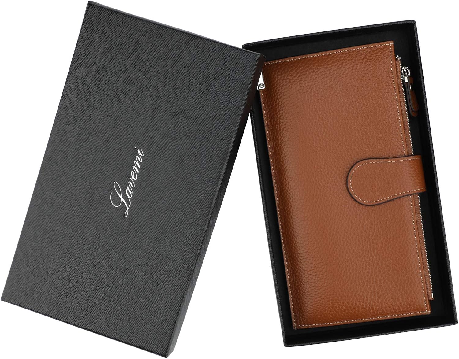 Lavemi RFID Blocking Credit Card Holder Bifold Genuine Leather Wallets for Women with Wristlet Two Large Zipper Pockets